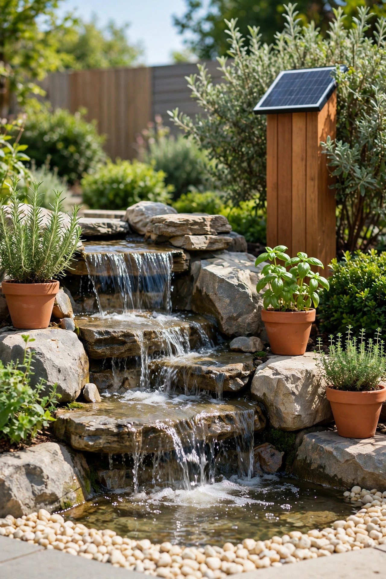 Solar powered waterfall with panel in a garden