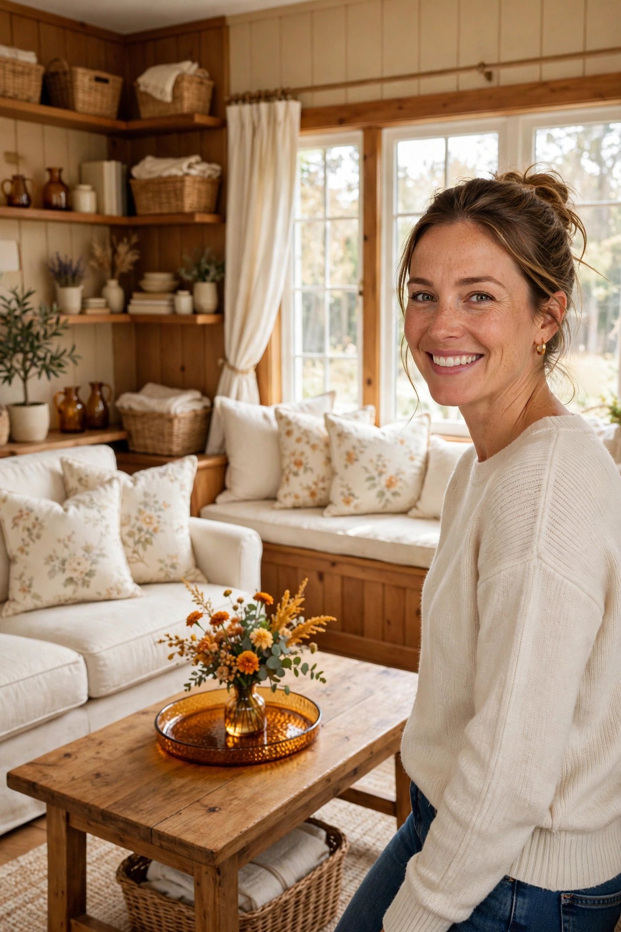 Cottage living room with cream upholstery, soft florals, and a window seat