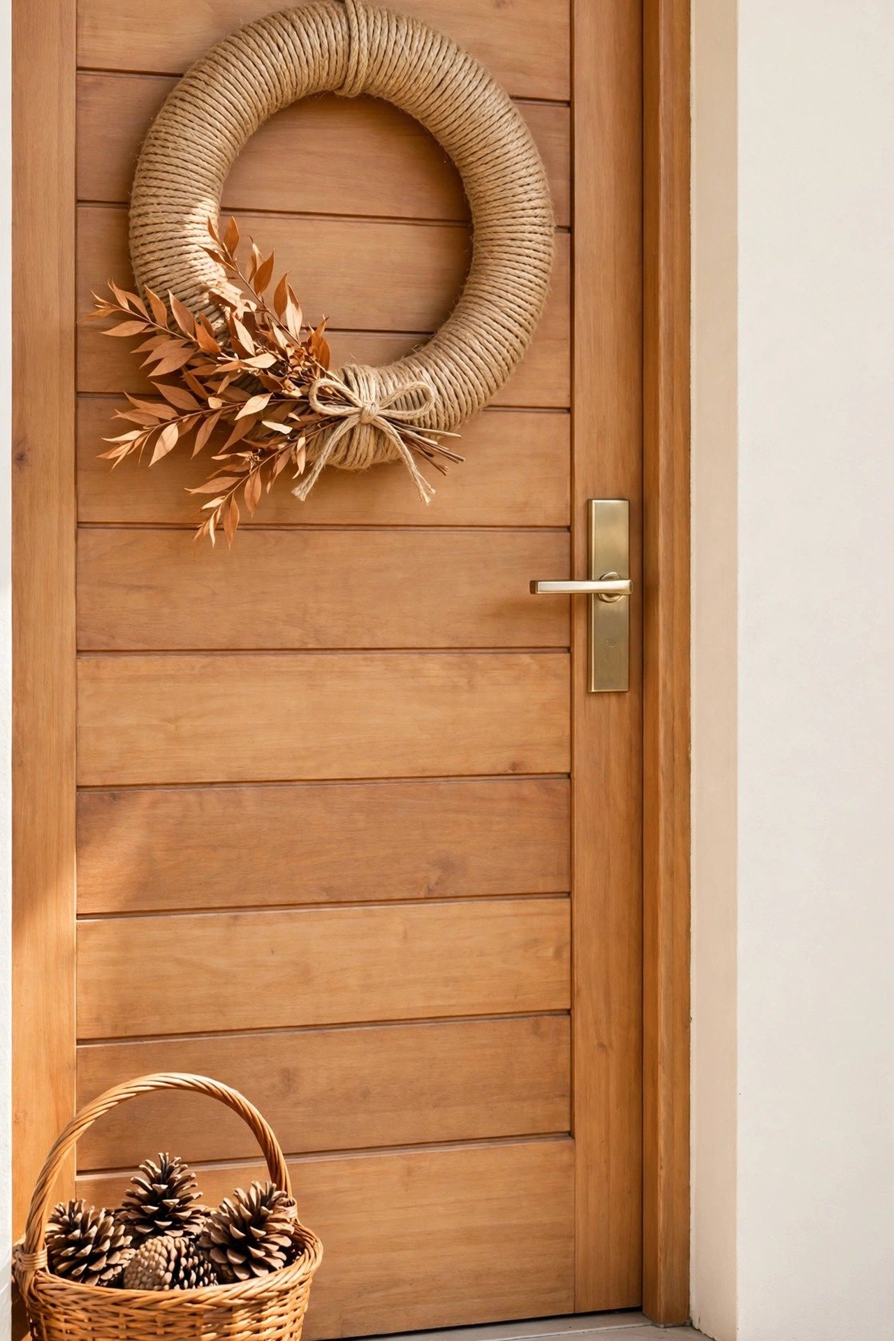 Rope-wrapped jute ring wreath with one short spray of cinnamon-colored leaves on a warm wooden door
