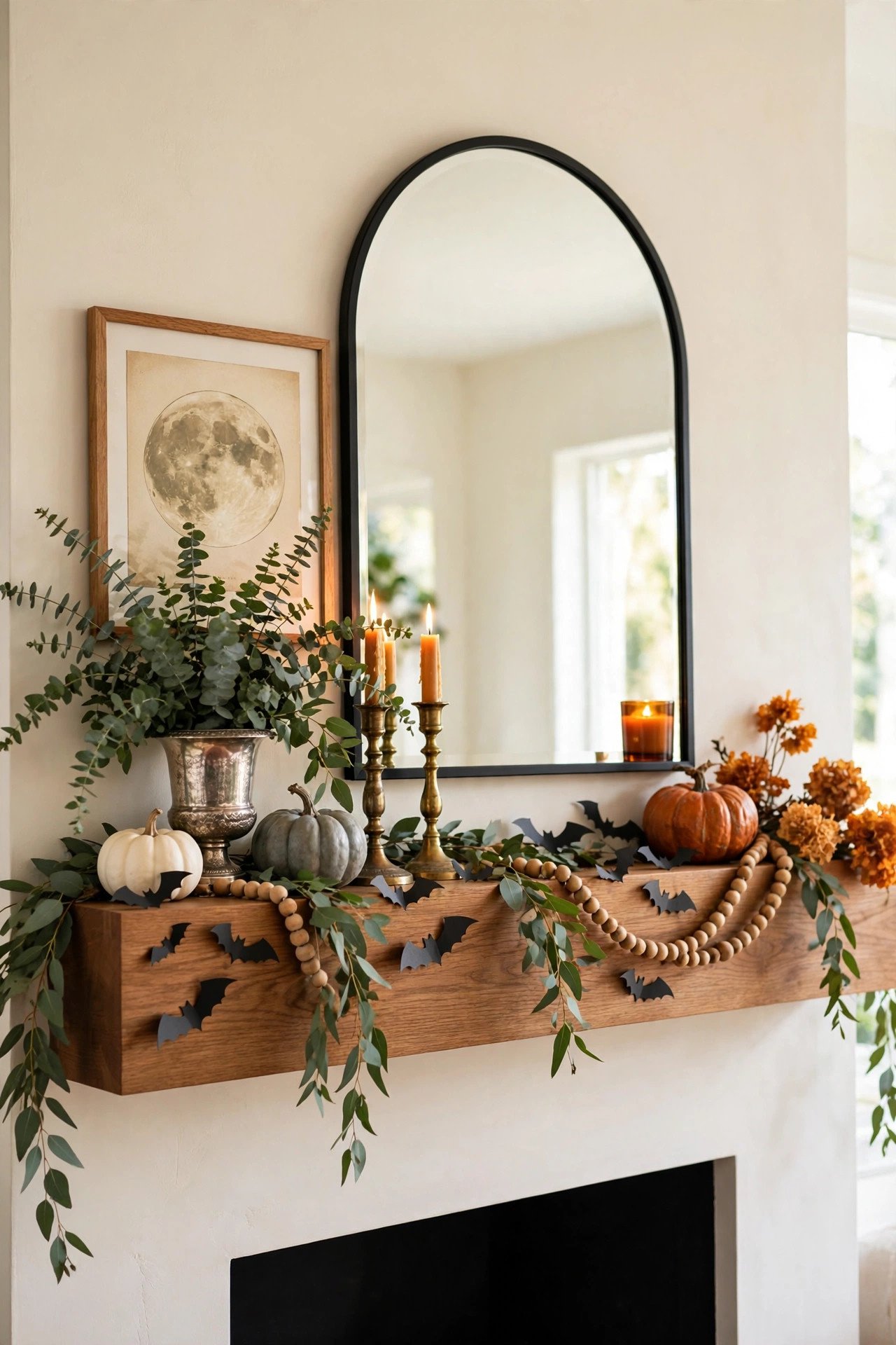 Elegant mantel with eucalyptus stems, white and orange pumpkins and paper bats