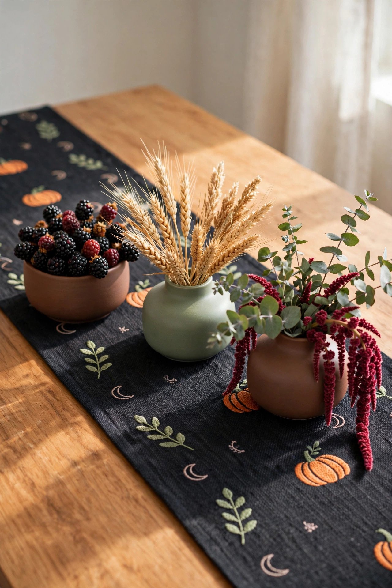Vase of dark berries and dried flowers in muted tones on a Halloween table
