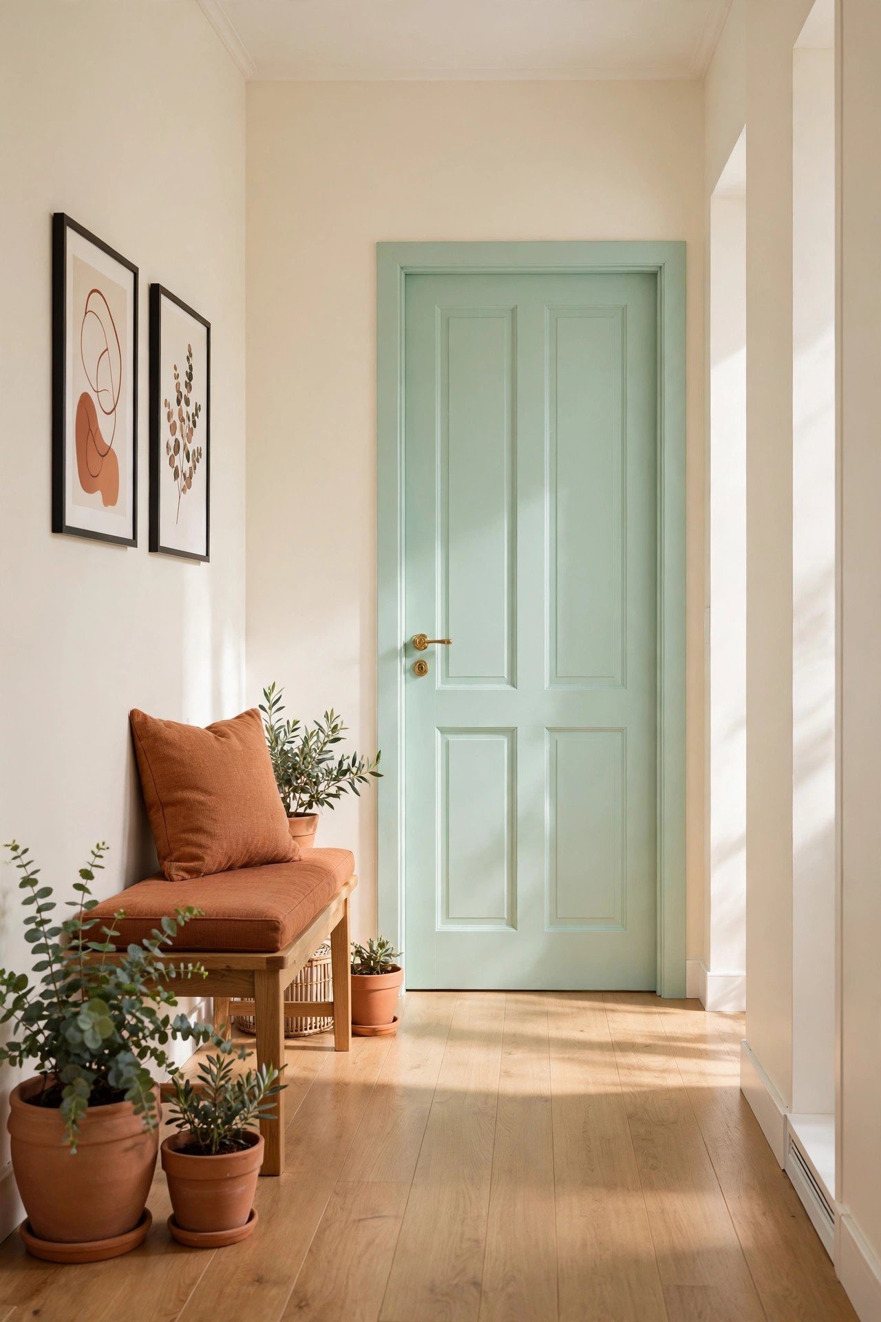 Fresh soft mint green painted interior door with light airy color
