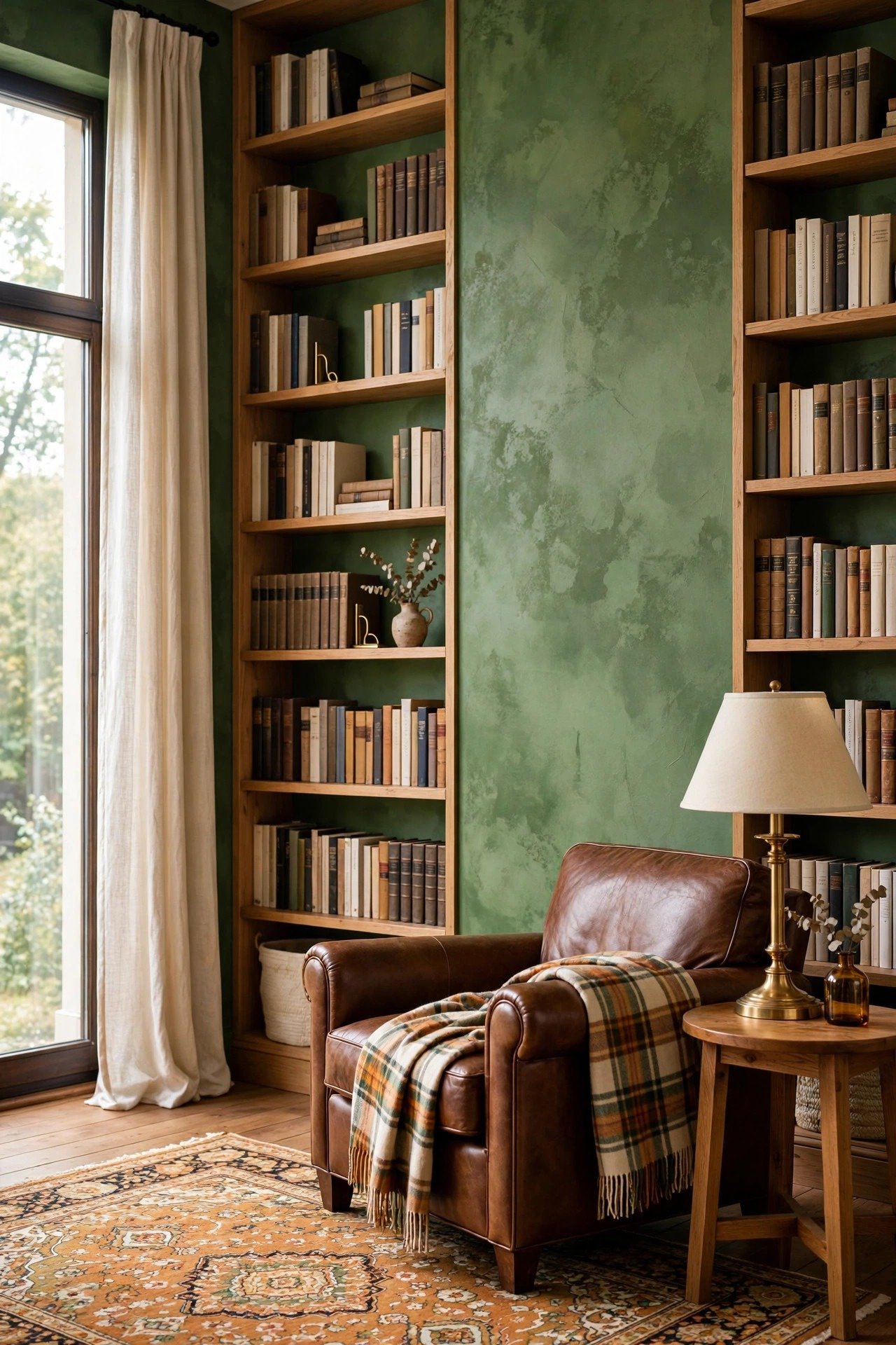 Forest green limewash wall with deep texture in a home library with wooden bookshelves