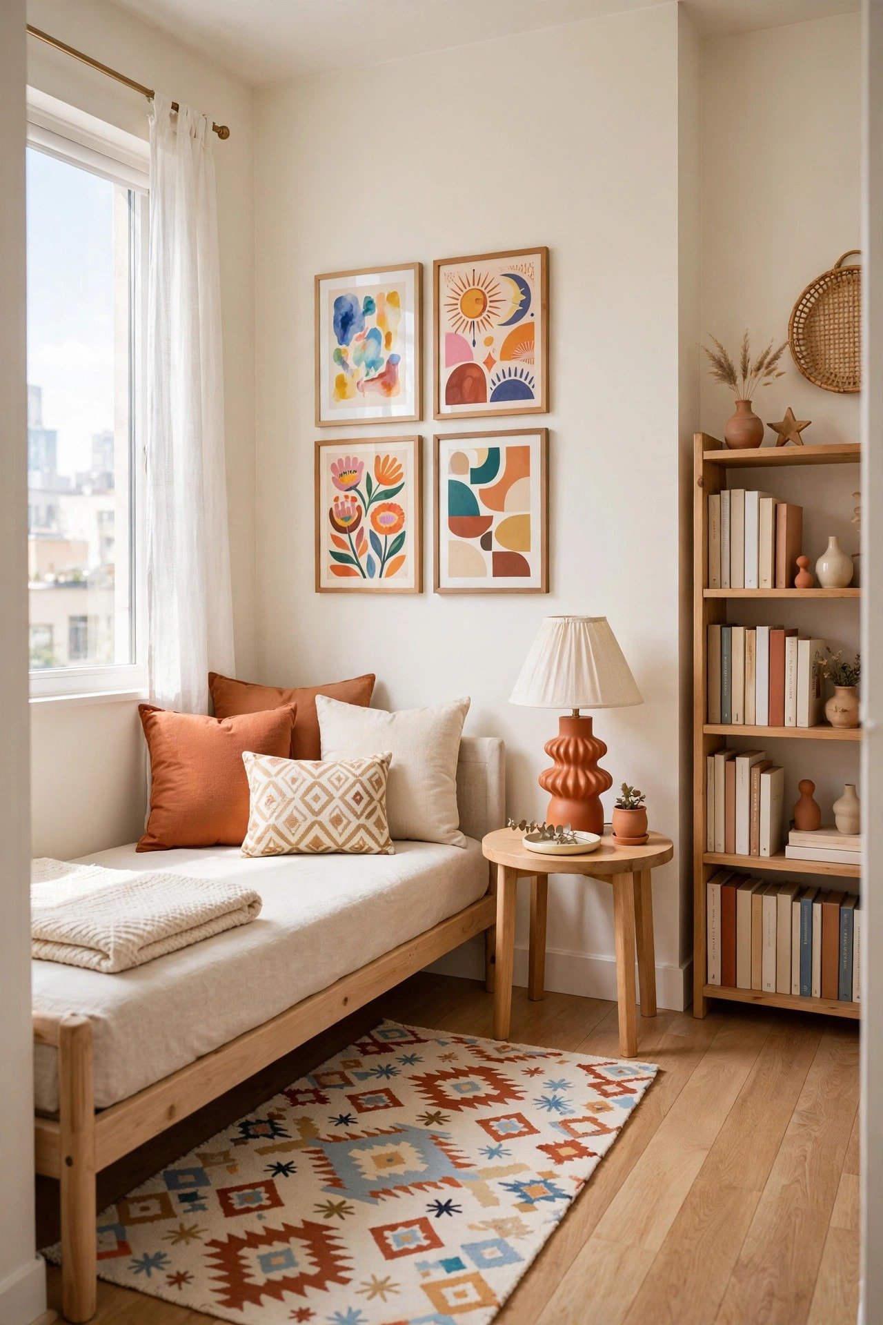 Tiny studio apartment layout idea with whimsical personality touches like colorful art and a fun lamp in terracotta tones