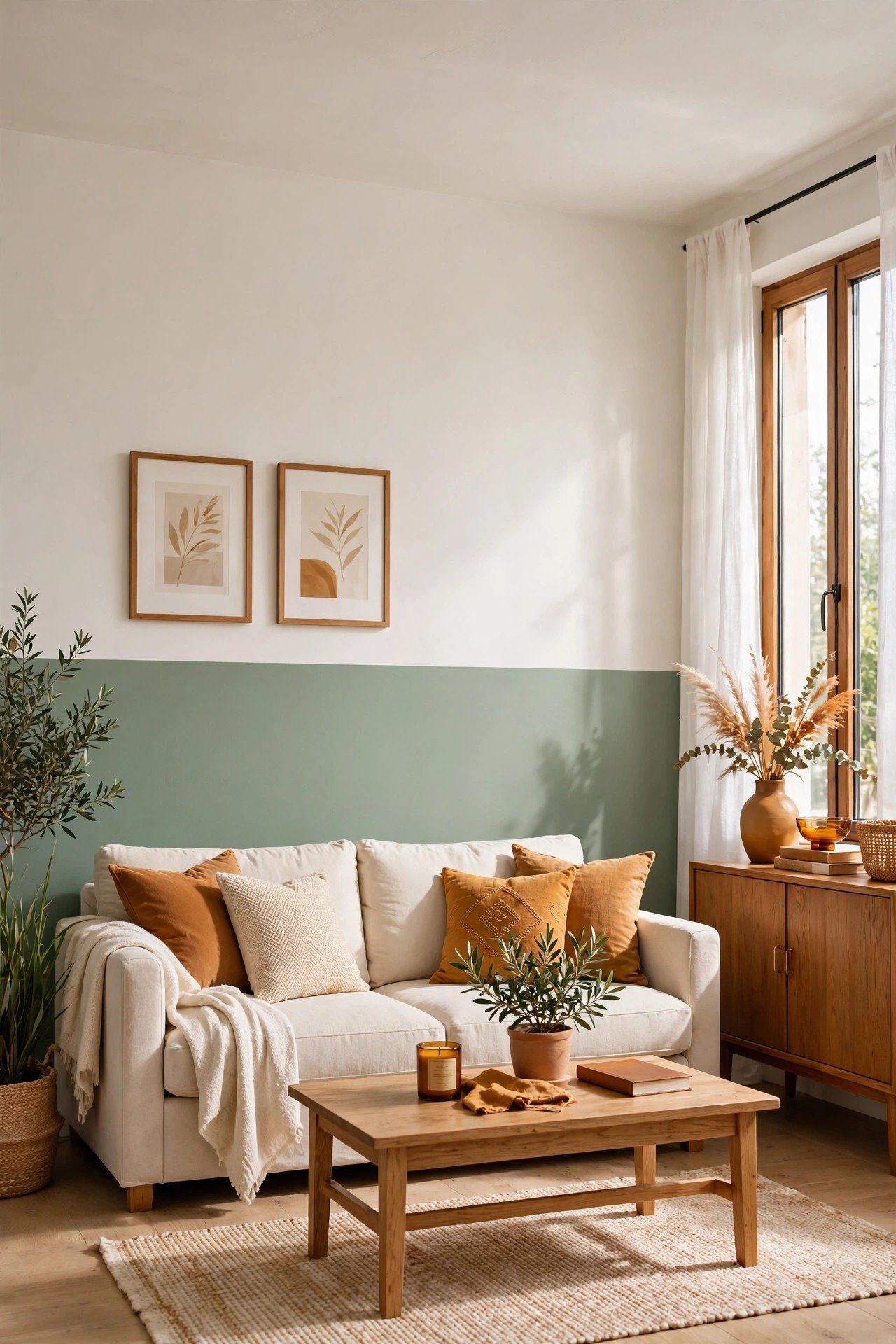 Sage green and warm white two tone wall paint ideas with calming sage and soft warm white on a living room wall