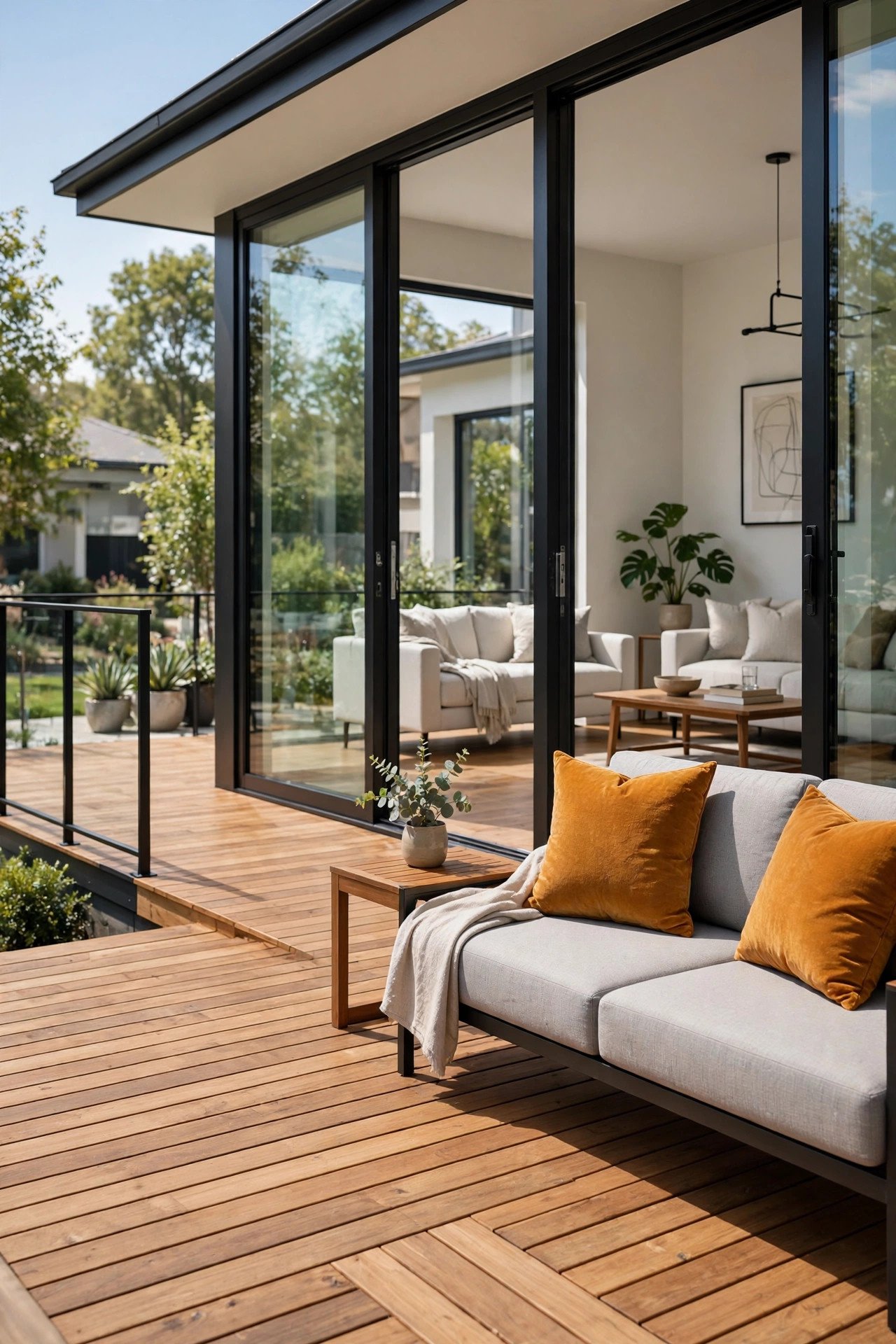 Wooden deck outside large glass windows connecting indoor and outdoor