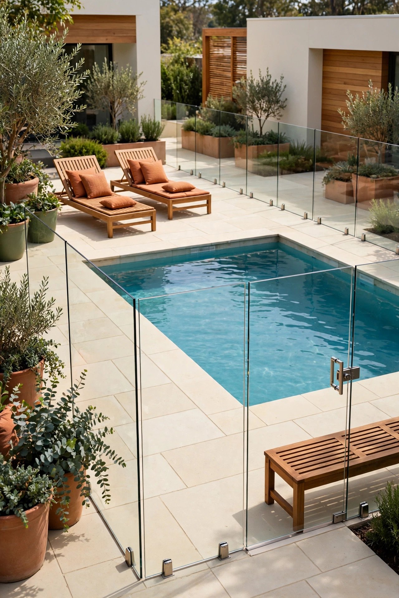 Pool deck with glass safety fence and gate
