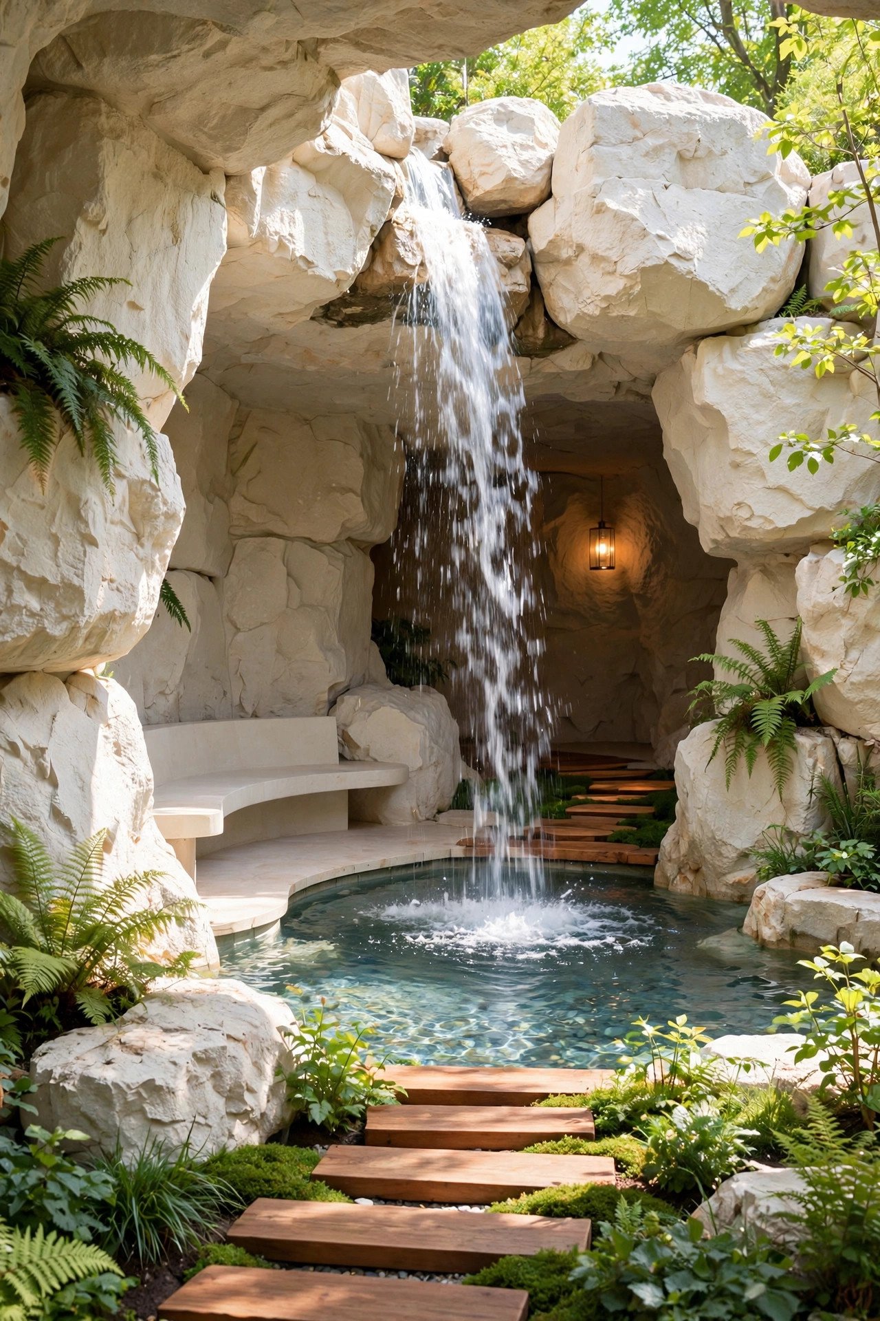 Waterfall grotto with rocks forming a cave