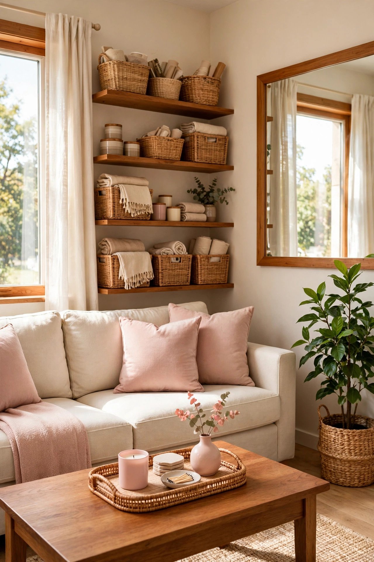 Sunlit living room with beige seating, layered cushions, and a styled tray