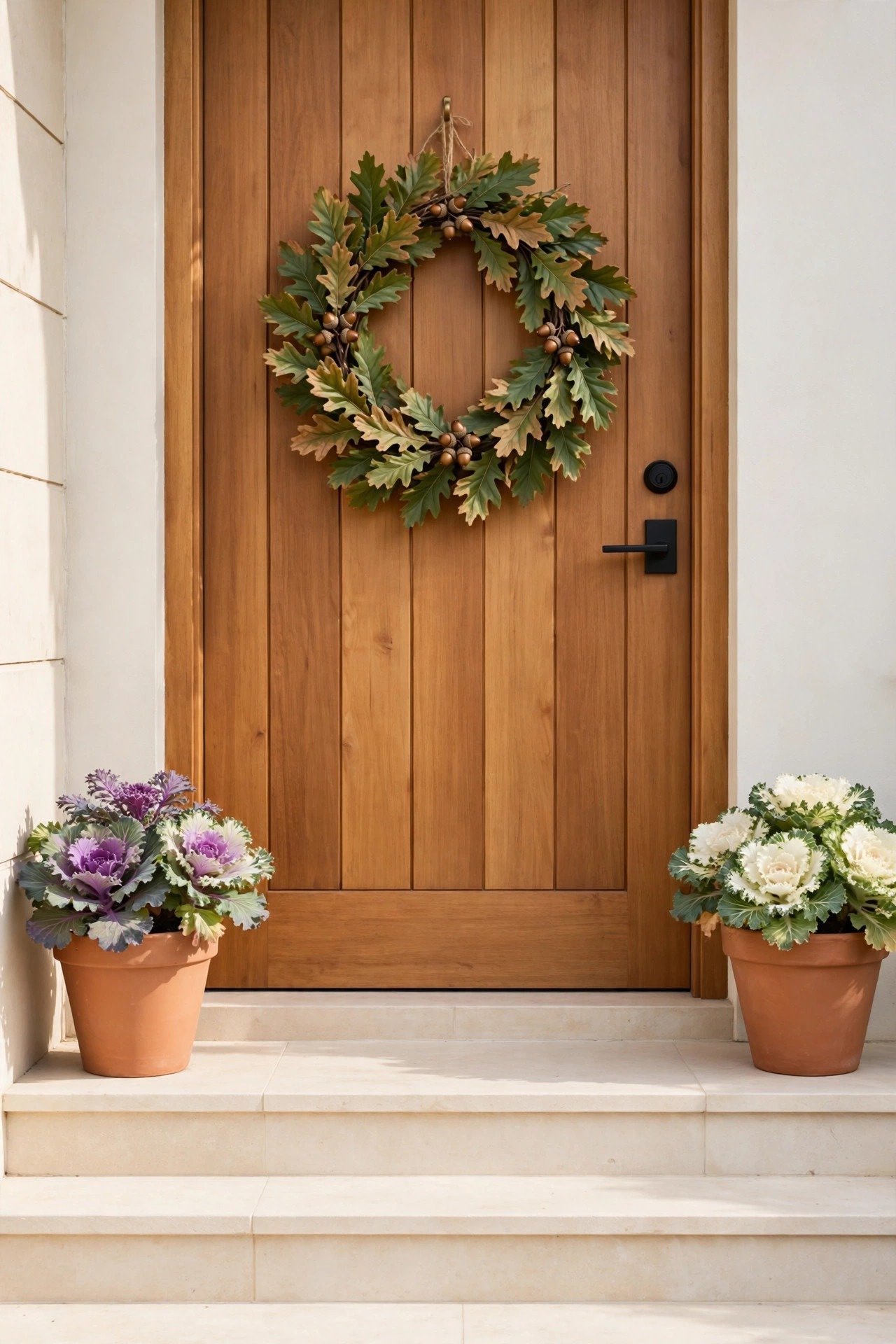 Woodland wreath of oak leaves with clusters of small acorns on a warm wooden front door