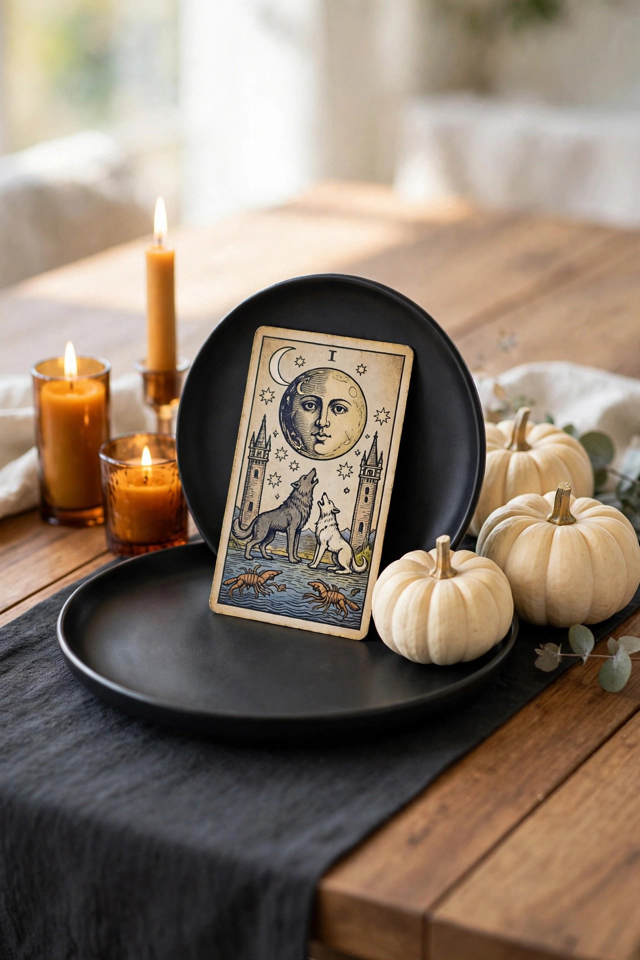 Vintage tarot cards placed beside black plates at a Halloween dinner table