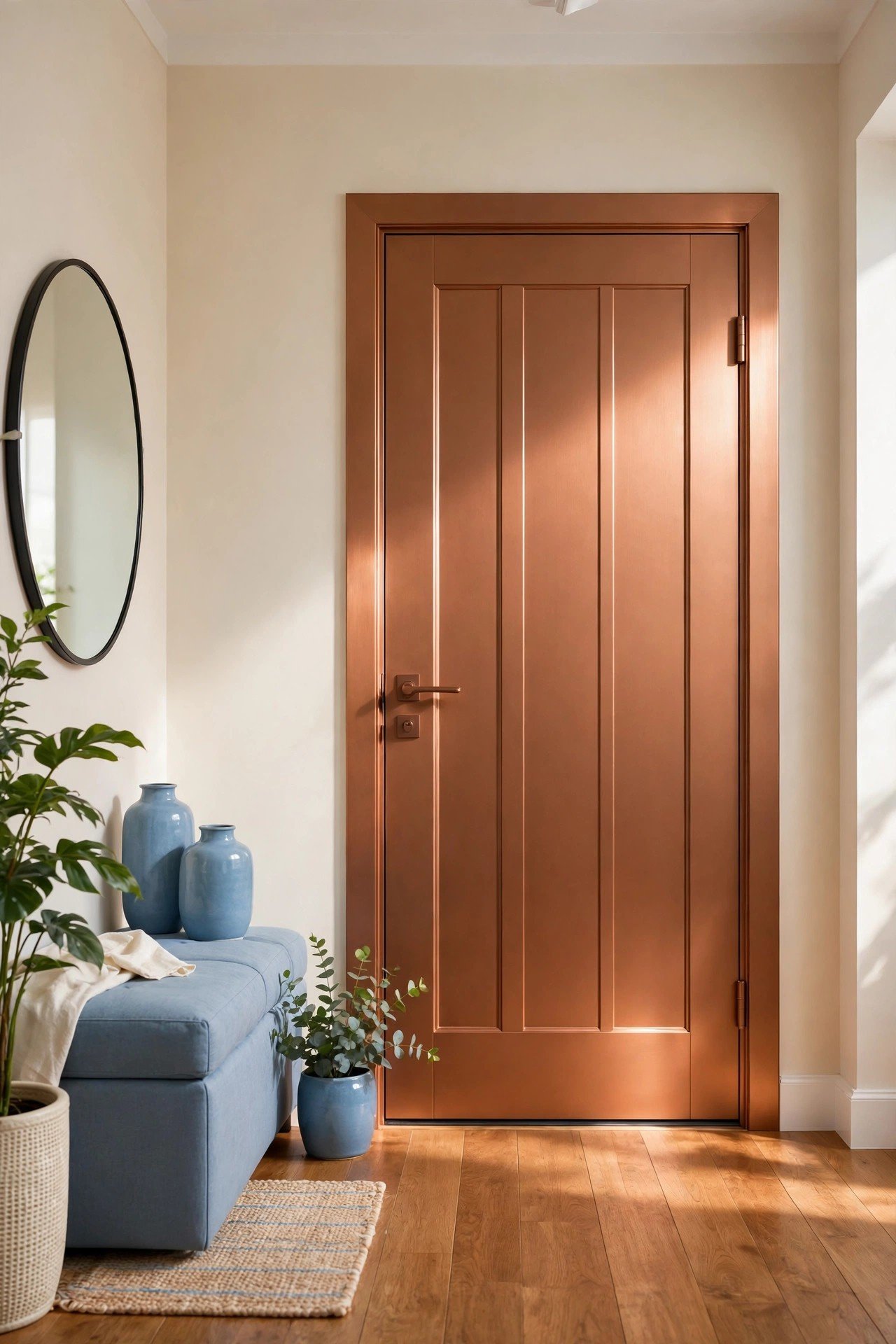 Warm copper bronze painted interior door with metallic inspired glow