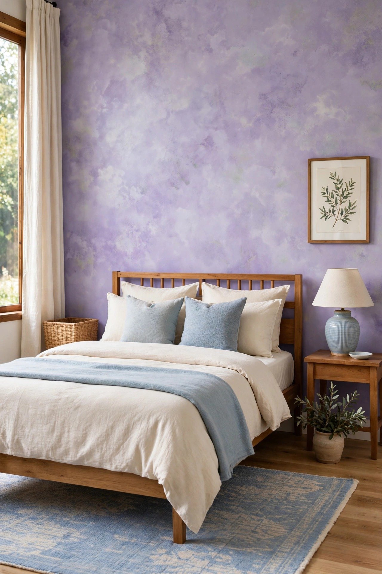 Lavender limewash wall with dreamy texture in a guest bedroom with neutral bedding