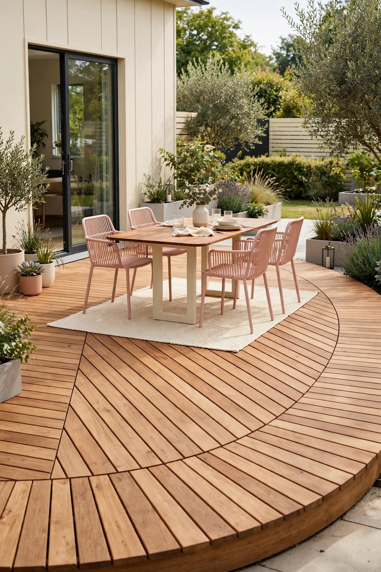 Curved wooden deck with planks running in opposing directions