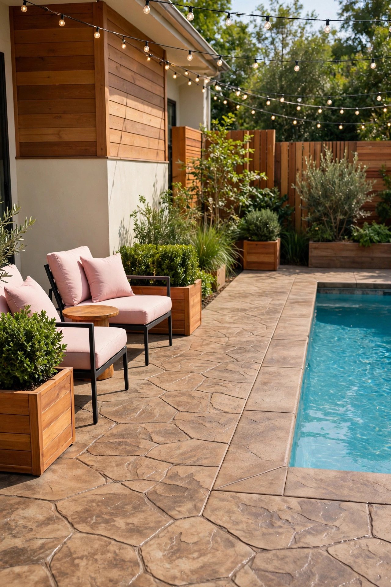 Stamped concrete pool deck with stone pattern