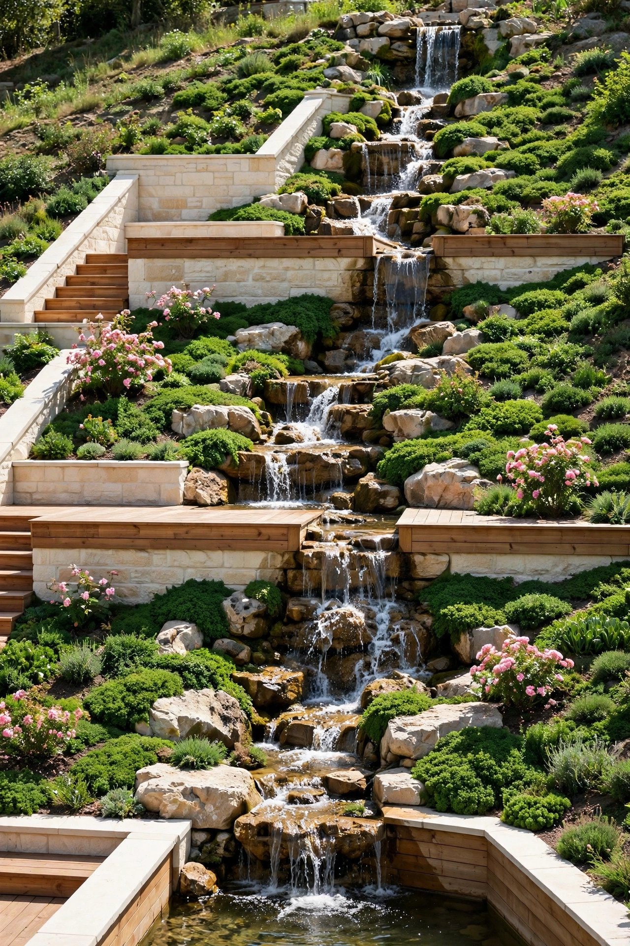 Waterfall flowing down a landscaped hillside