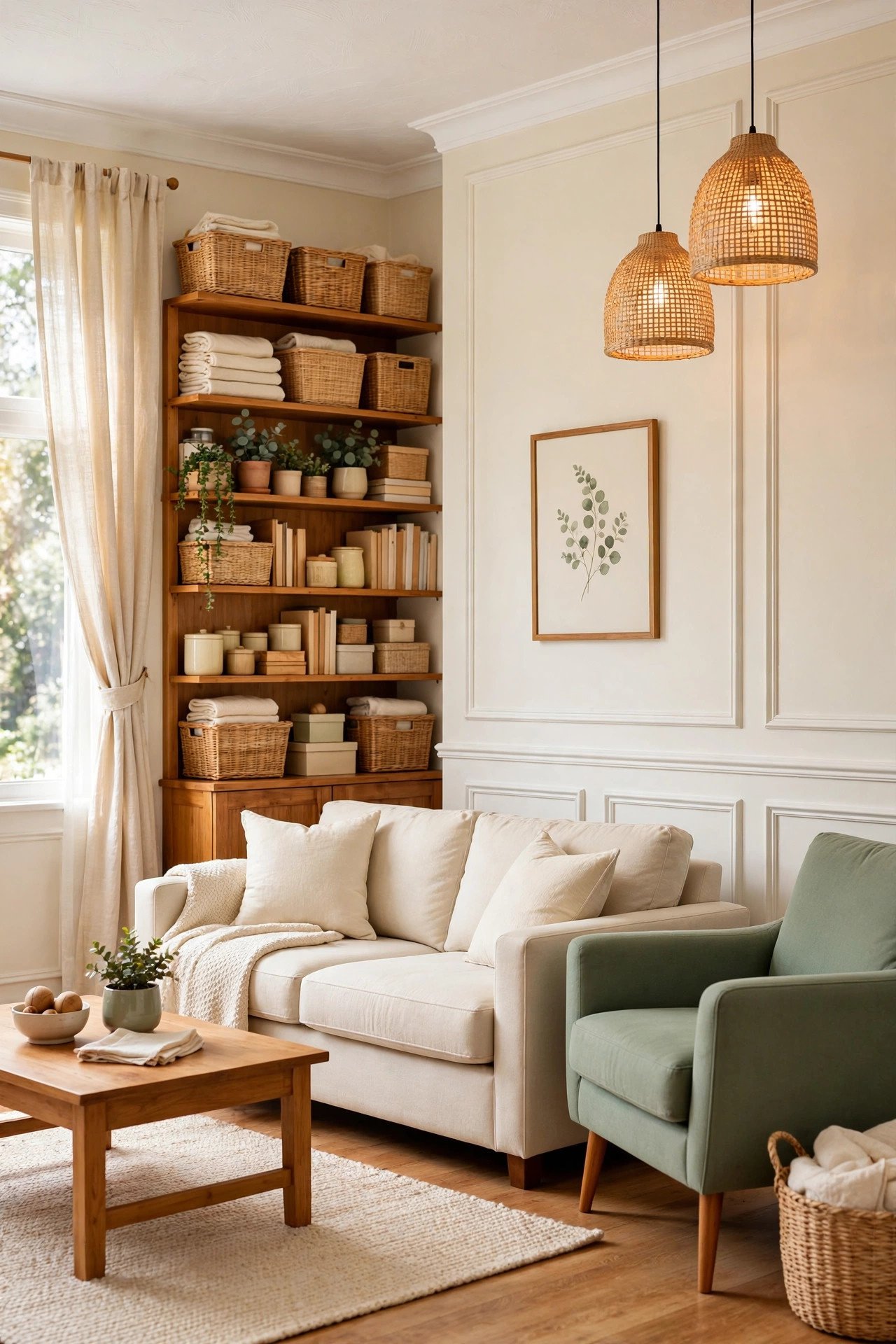 Paneled living room with neutral seating, warm pendant lights, and a green chair