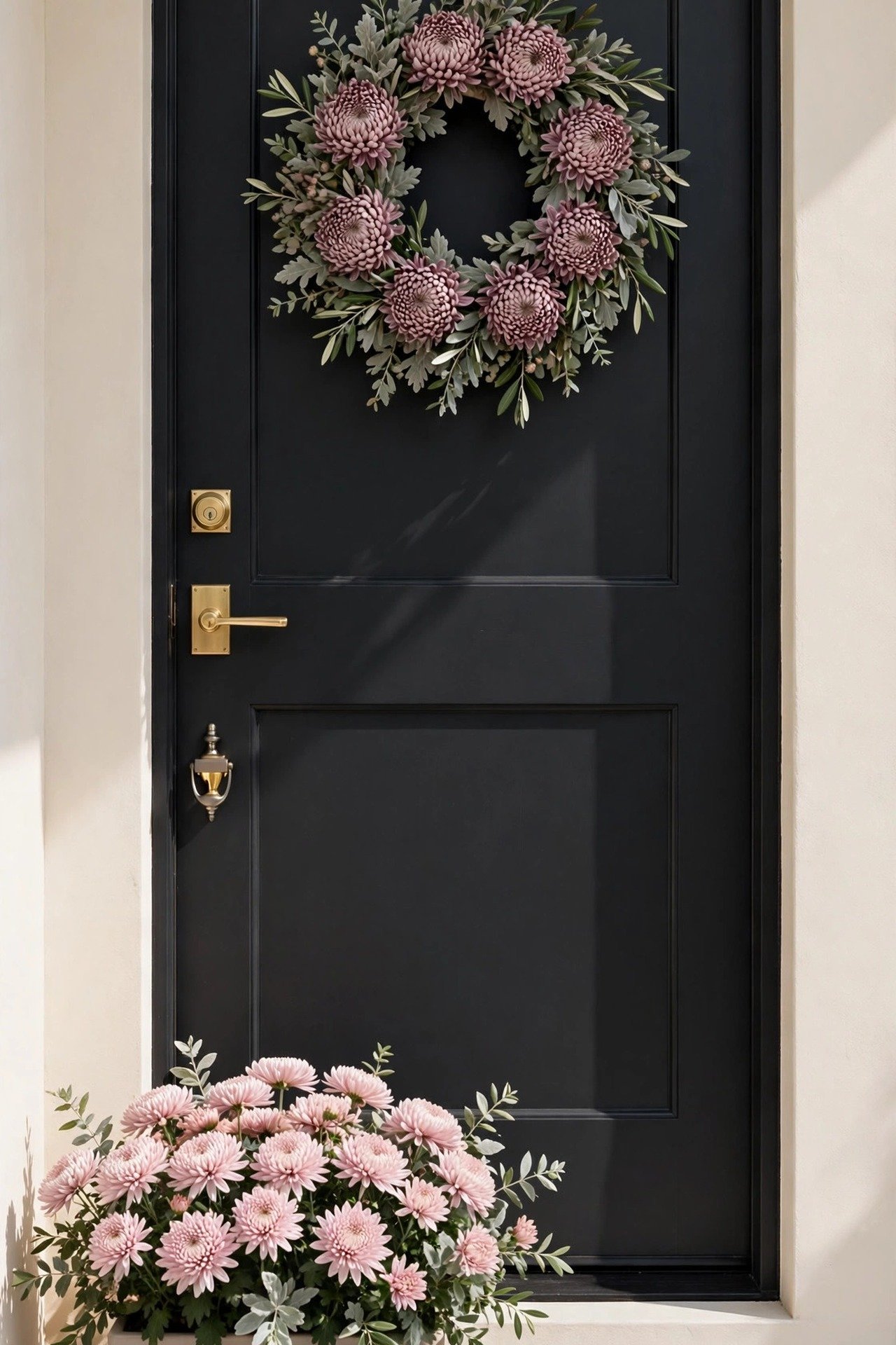 Soft wreath of muted mauve chrysanthemum heads with gray-green foliage on a charcoal black front door