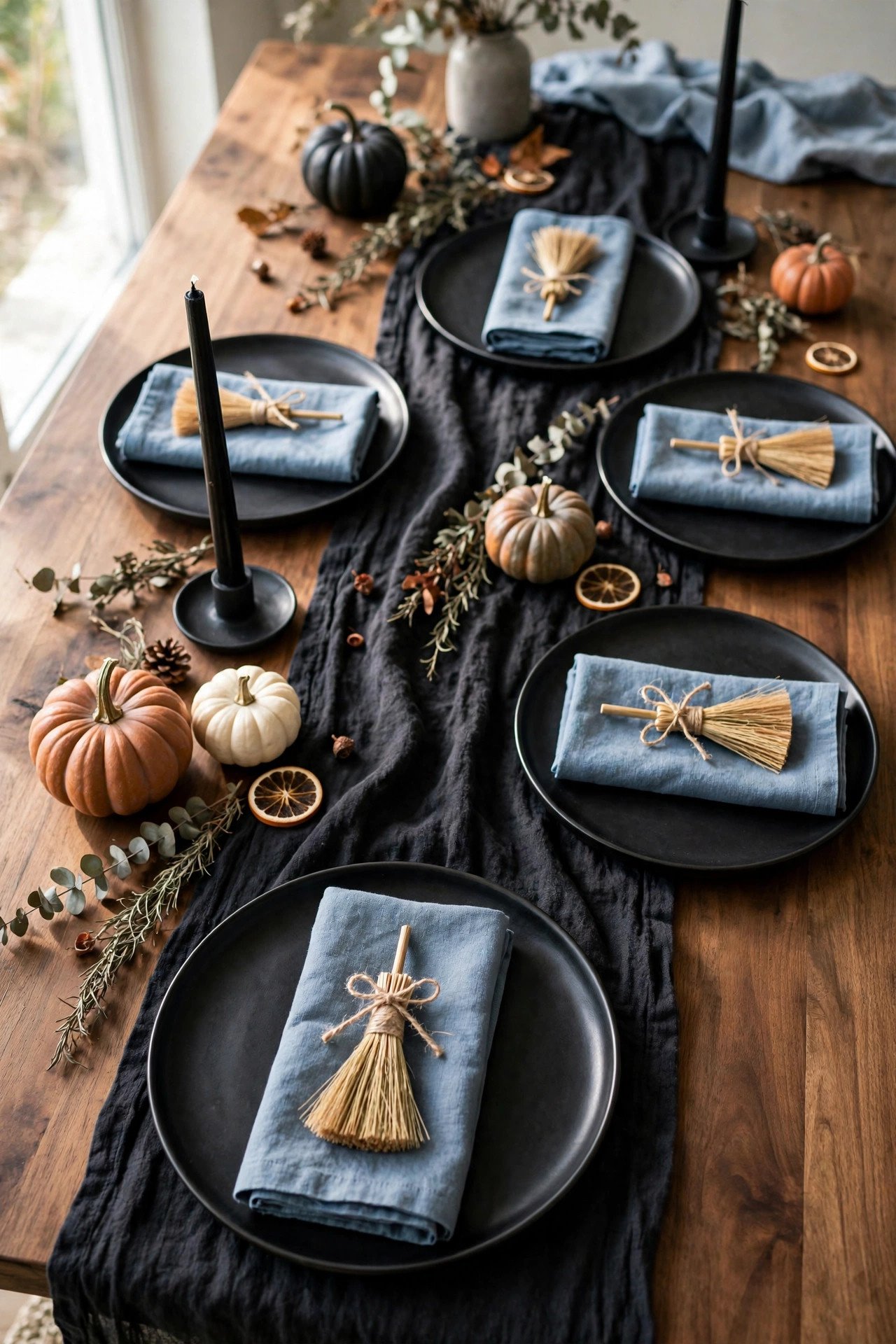 Mini straw brooms tied with twine to napkins at a Halloween dinner table