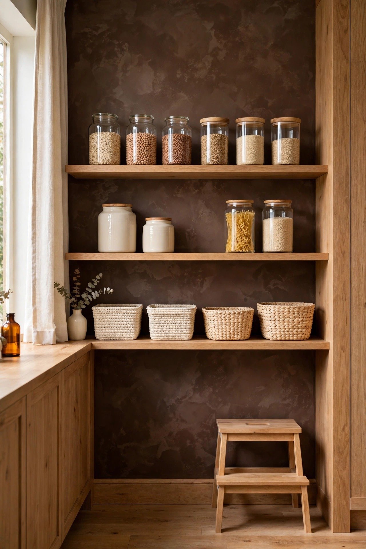 Chocolate brown limewash wall with rich texture in a pantry with open wooden shelves
