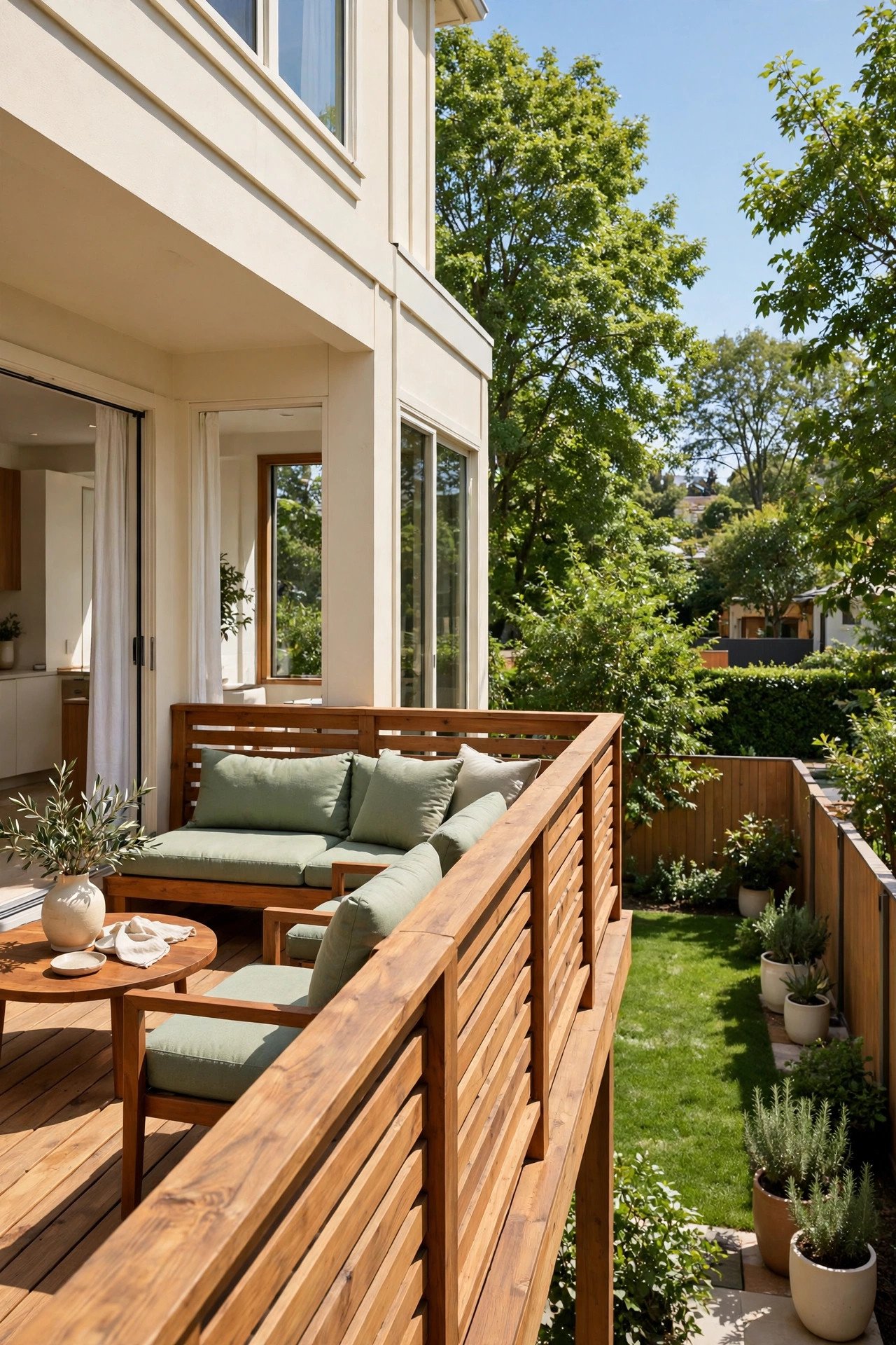Upper story wooden deck with railing overlooking a green backyard