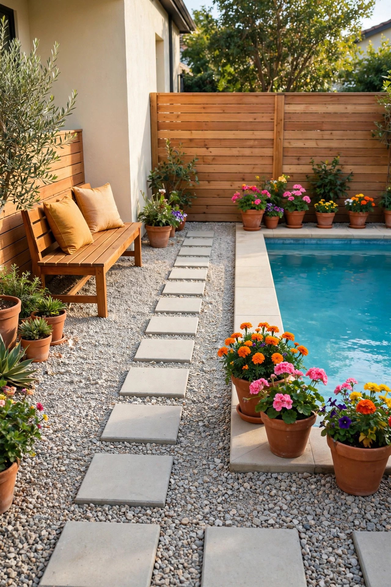 Budget gravel and paver pool surround with flower pots