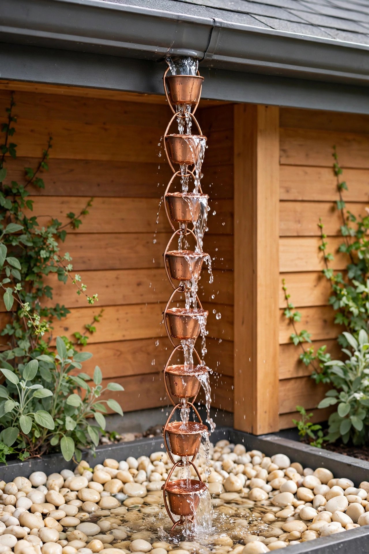 Rain chain with water flowing through cups