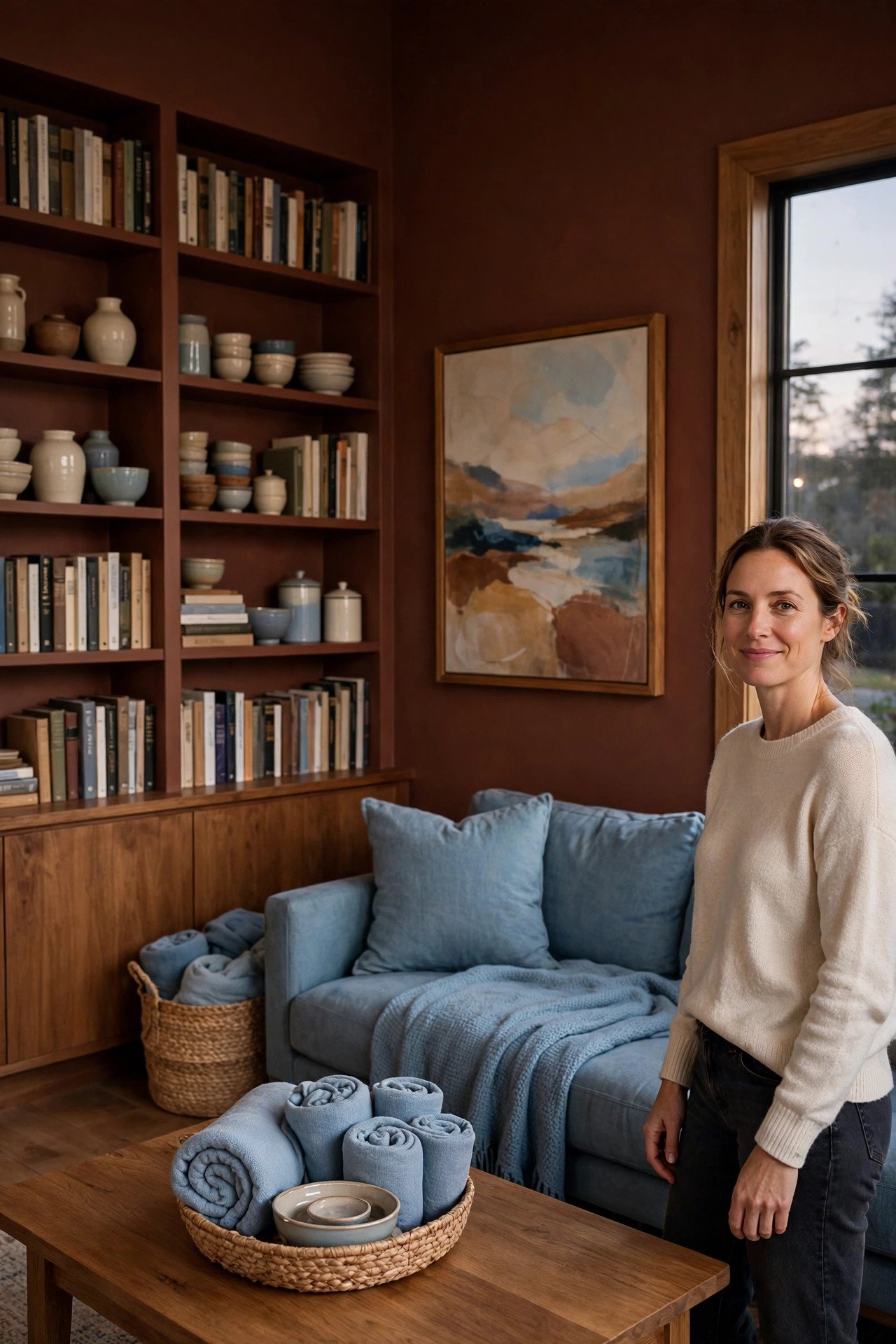 Moody living room with deep walls, built-in shelving, and warm wood tones