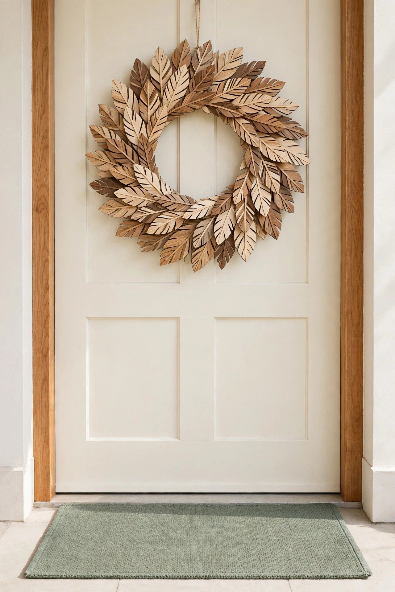 Graphic wreath of thin wooden leaf cutouts layered like overlapping feathers on a cream front door