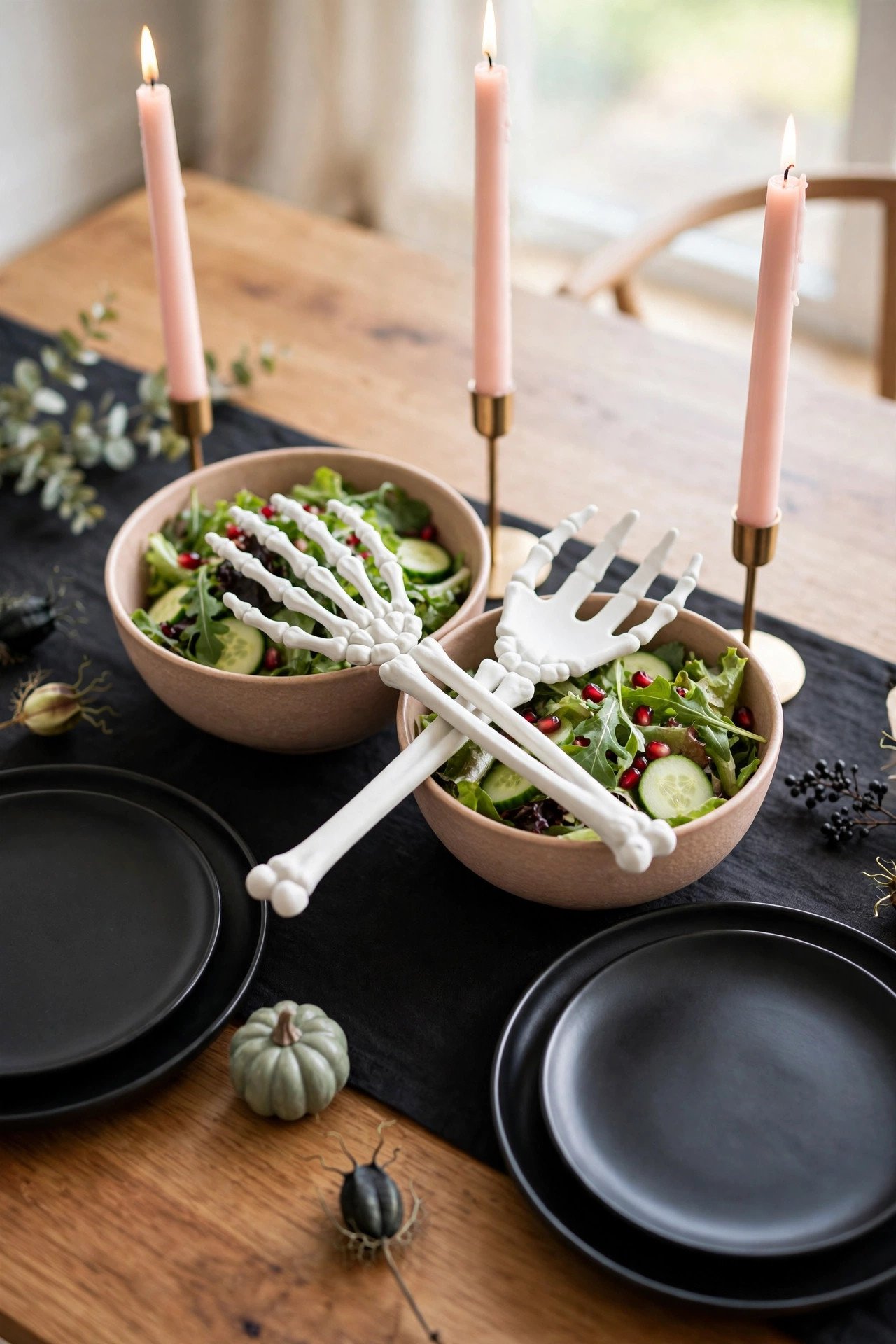 Skeleton hand salad servers resting on a Halloween dinner table