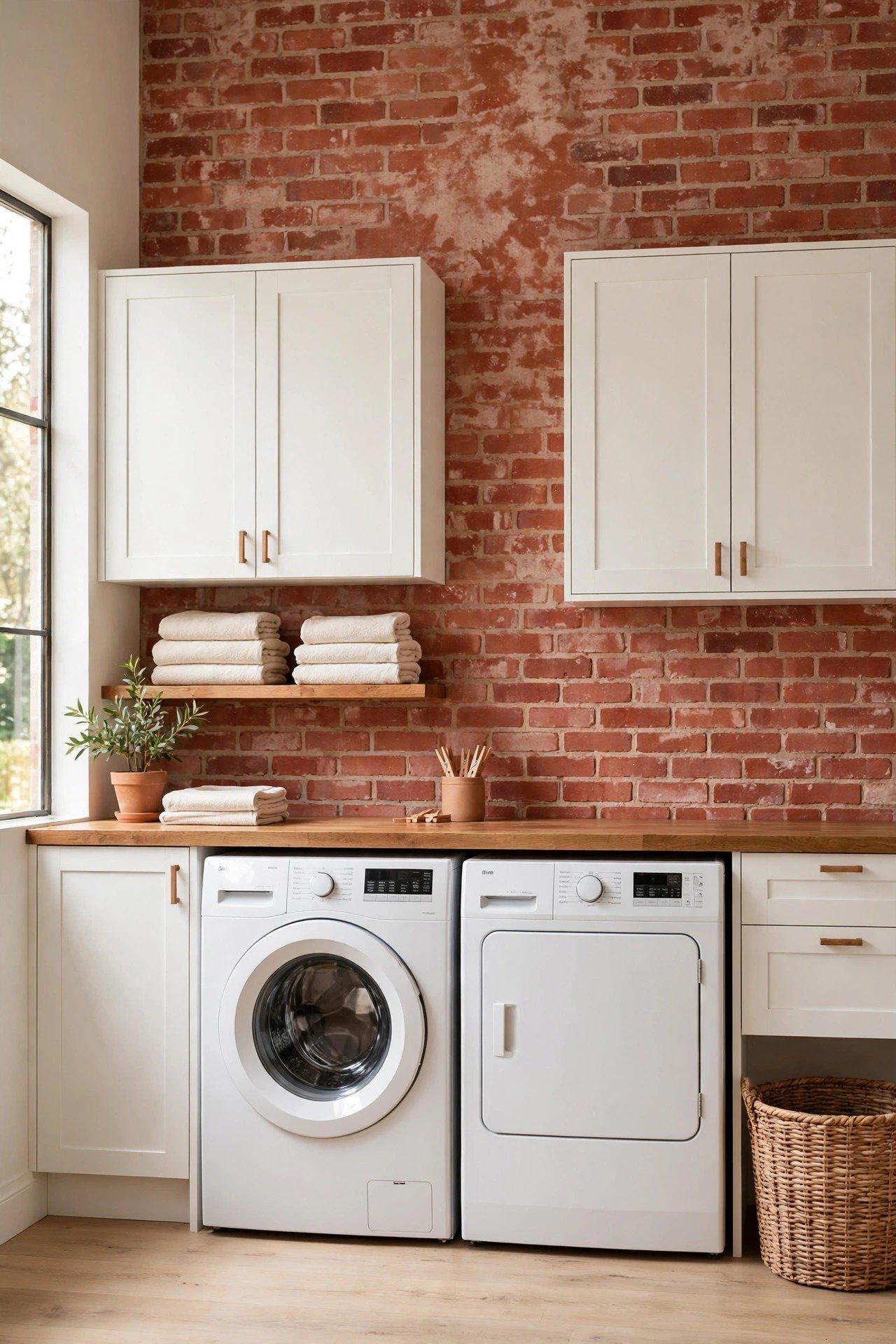 Brick red limewash wall with rustic texture in a laundry room with white cabinets