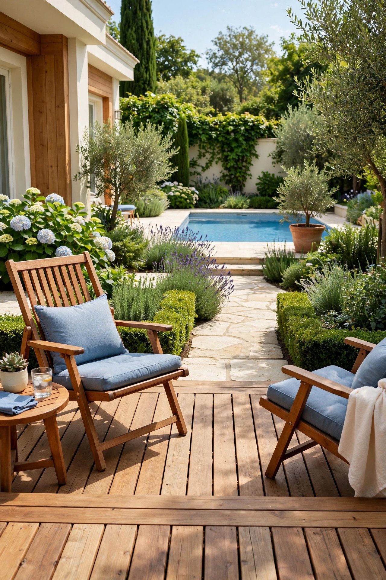 Wooden deck flowing from pool edge into a lush garden