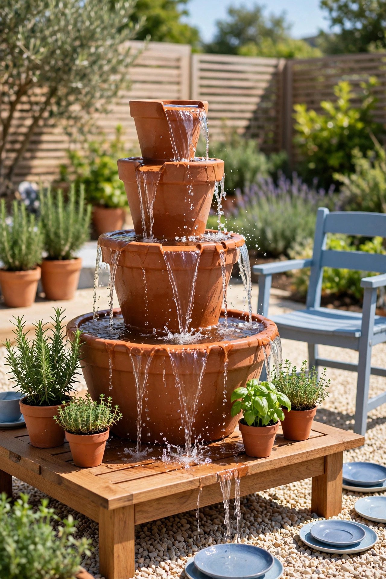 Tiered terracotta pots with water cascading