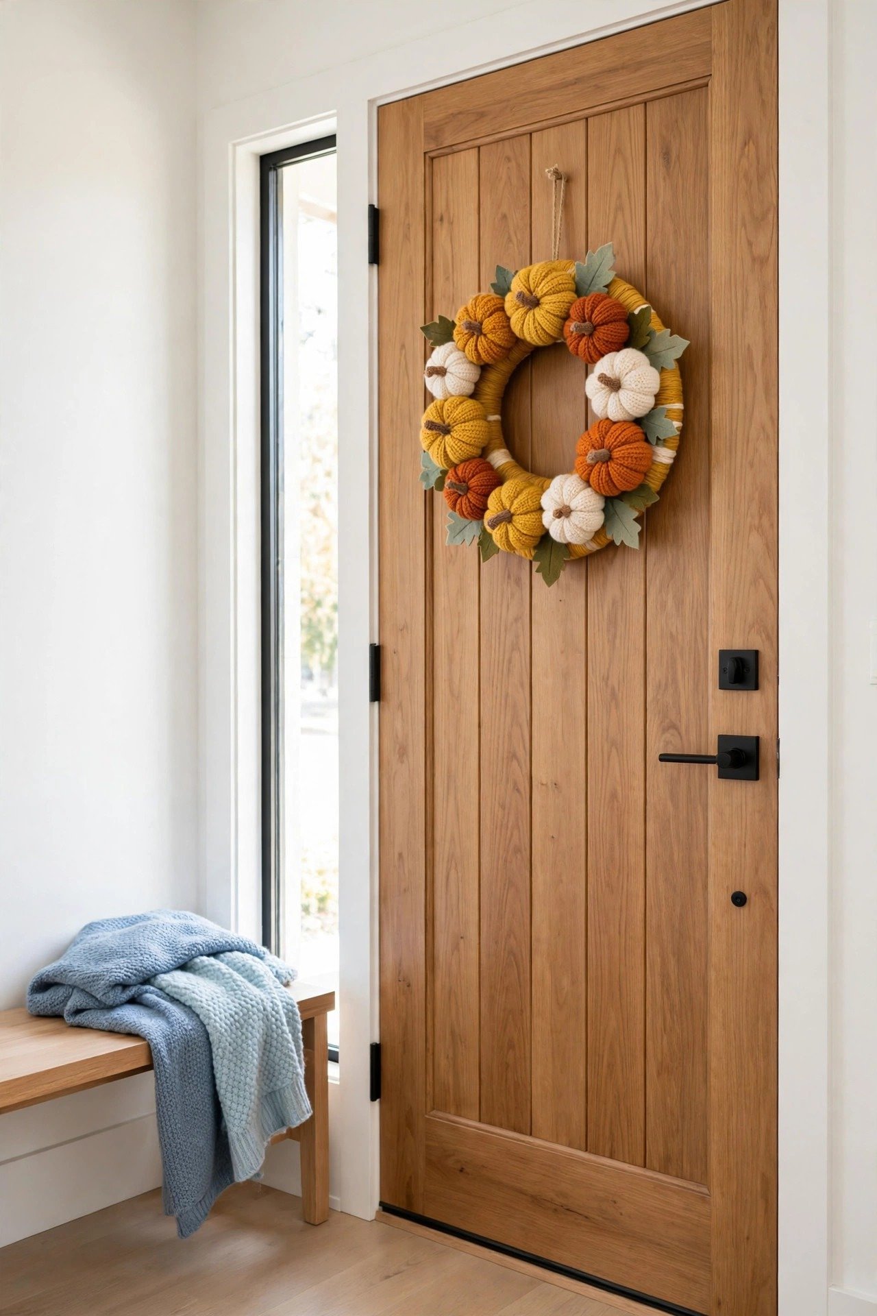 Cozy wreath of knitted miniature pumpkins in mustard, rust and cream yarn on a yarn-wrapped base