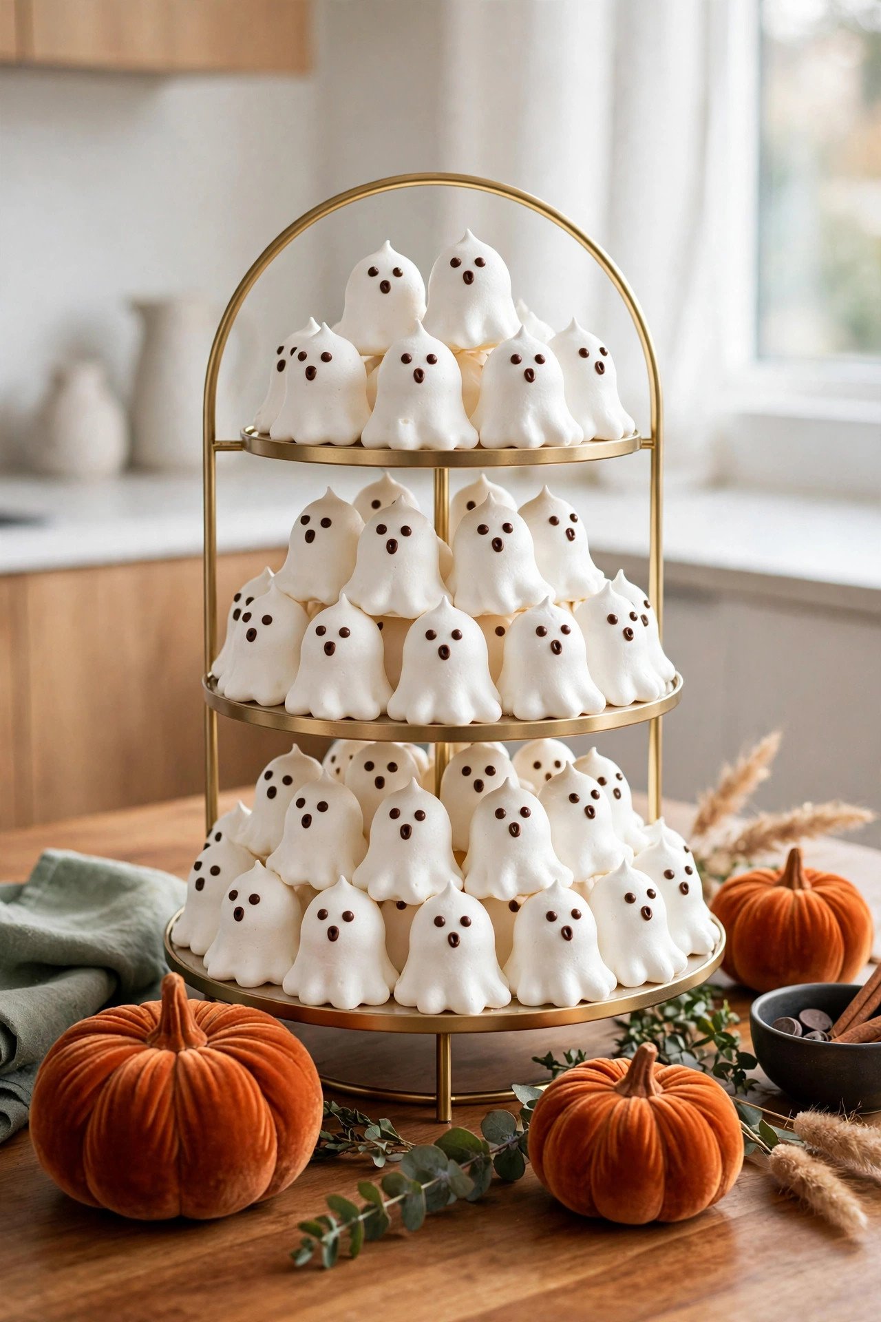 Tower of white ghost meringues stacked on a stand as Halloween table dessert decor