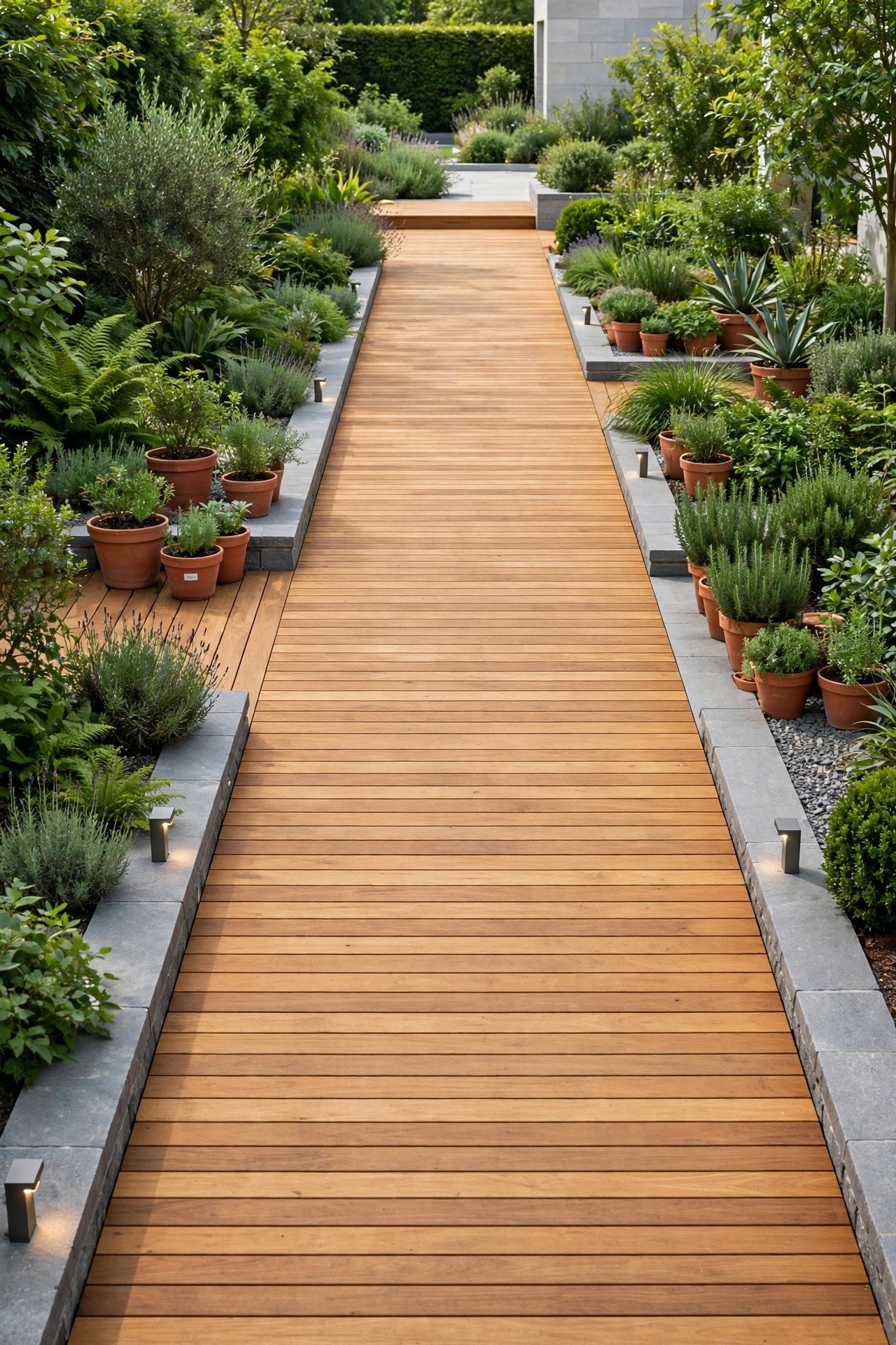 Warm wooden walkway deck connecting garden areas