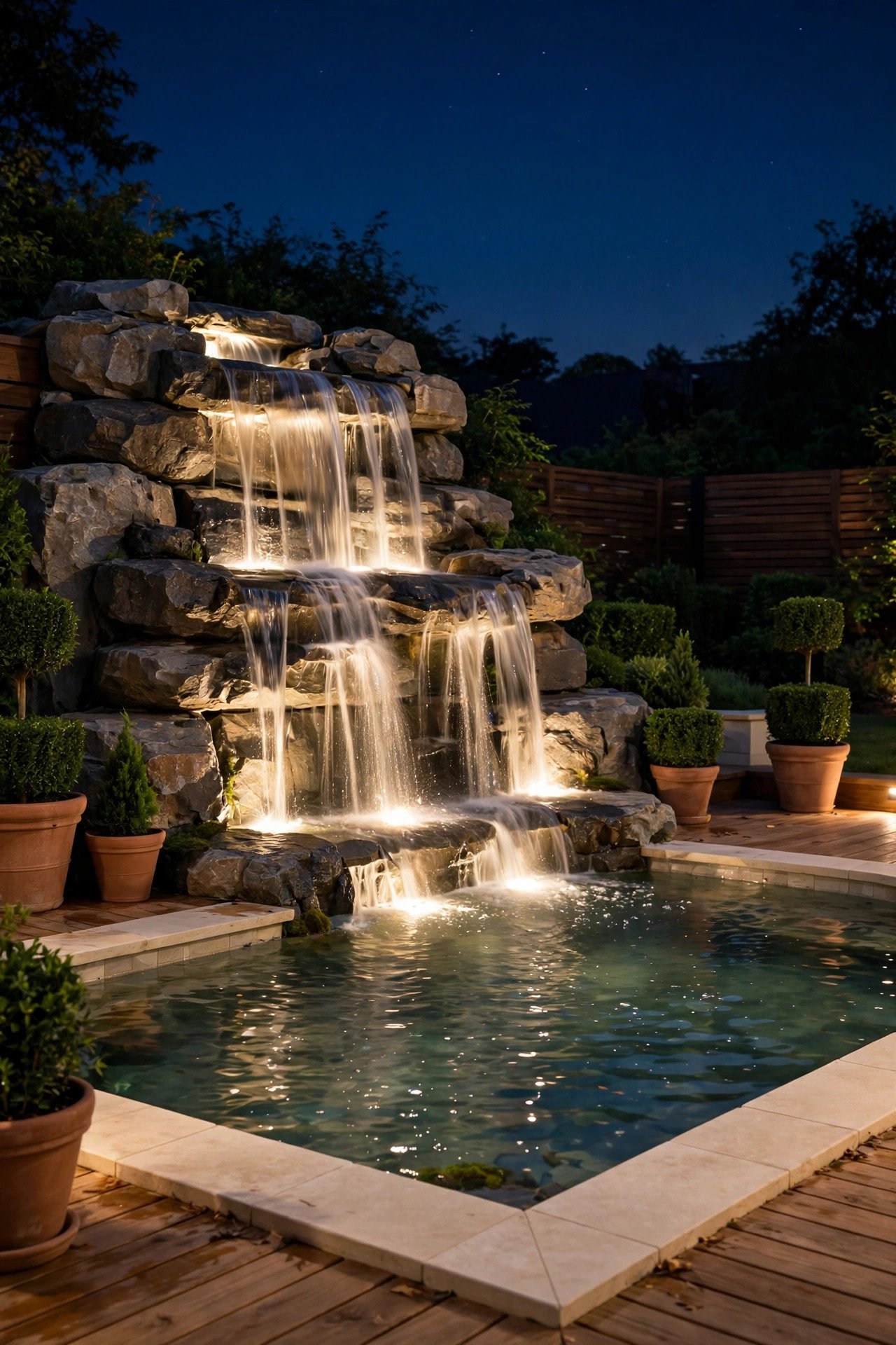 Waterfall glowing with lights at night