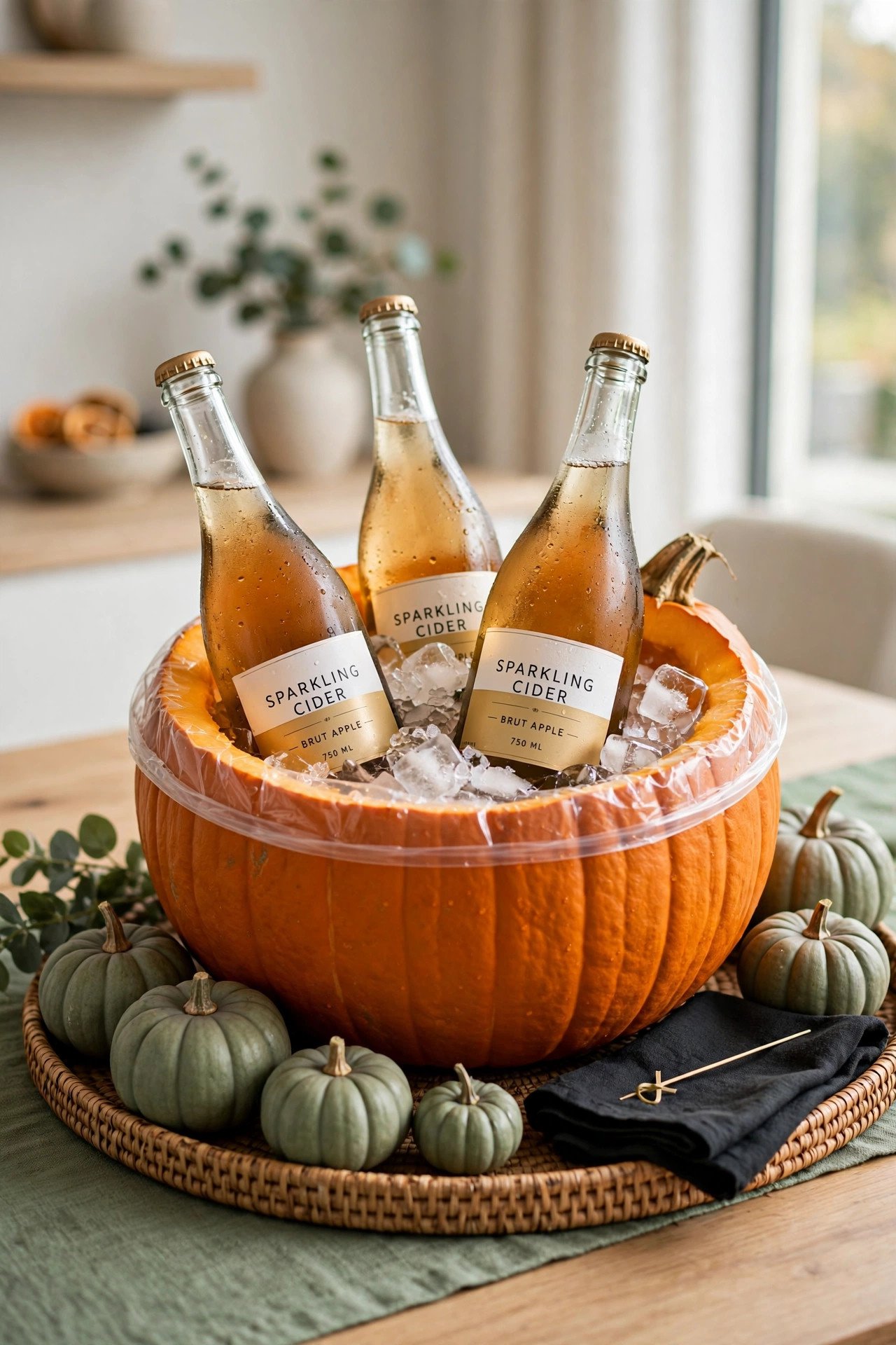 Large pumpkin used as an ice bucket with chilled bottles at a Halloween party table