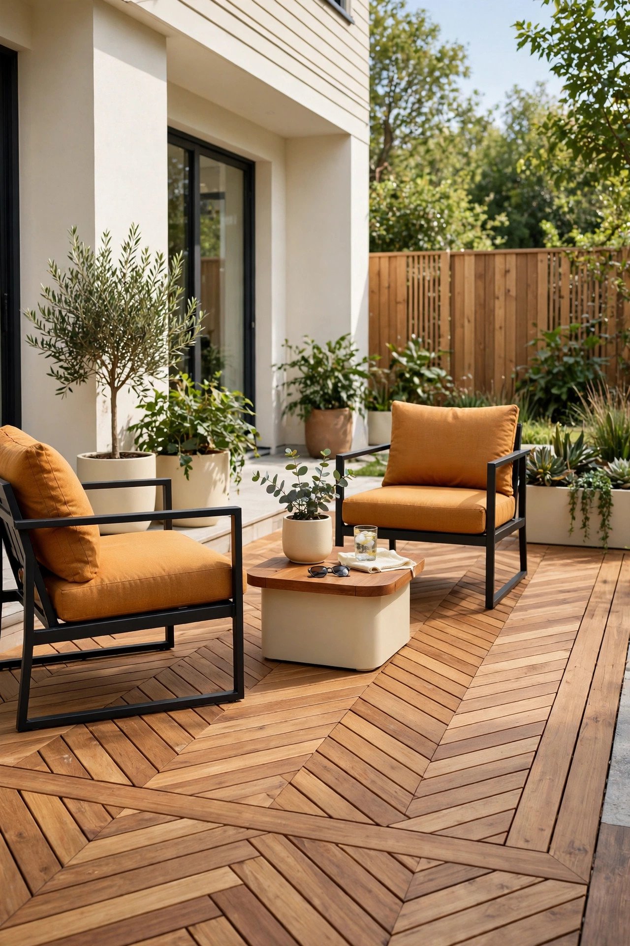 Wooden deck with boards laid in a herringbone pattern
