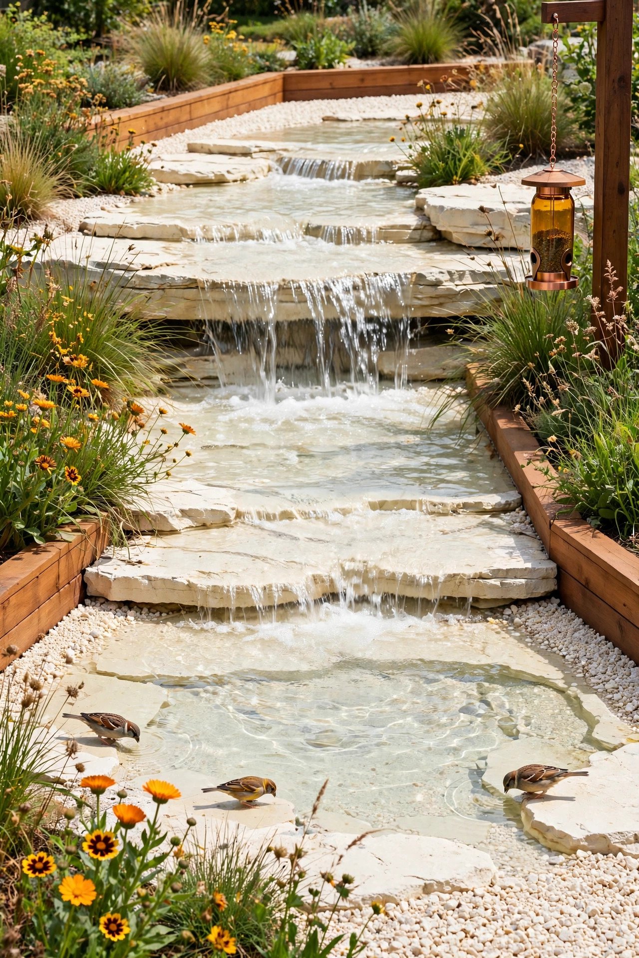 Shallow waterfall with birds drinking at the edge