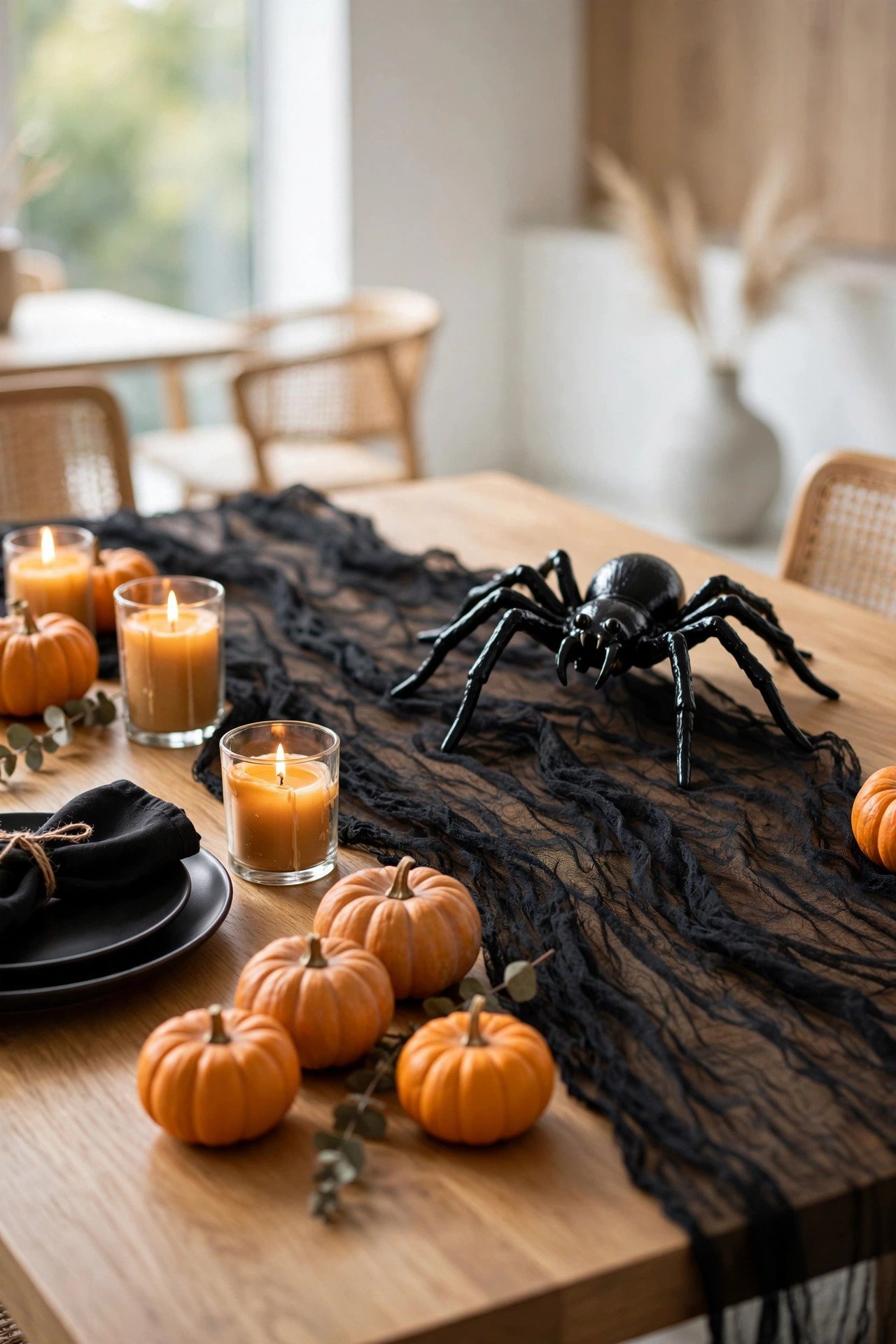 Large decorative spider sitting on cheesecloth runner of a Halloween dinner table