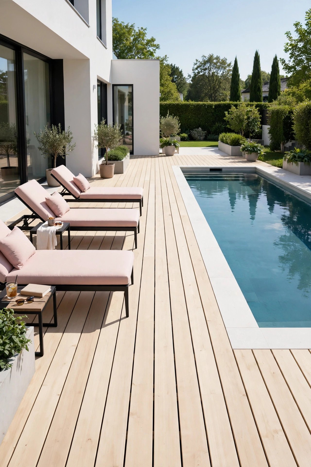 Clean wooden deck with crisp straight lines around a rectangular pool