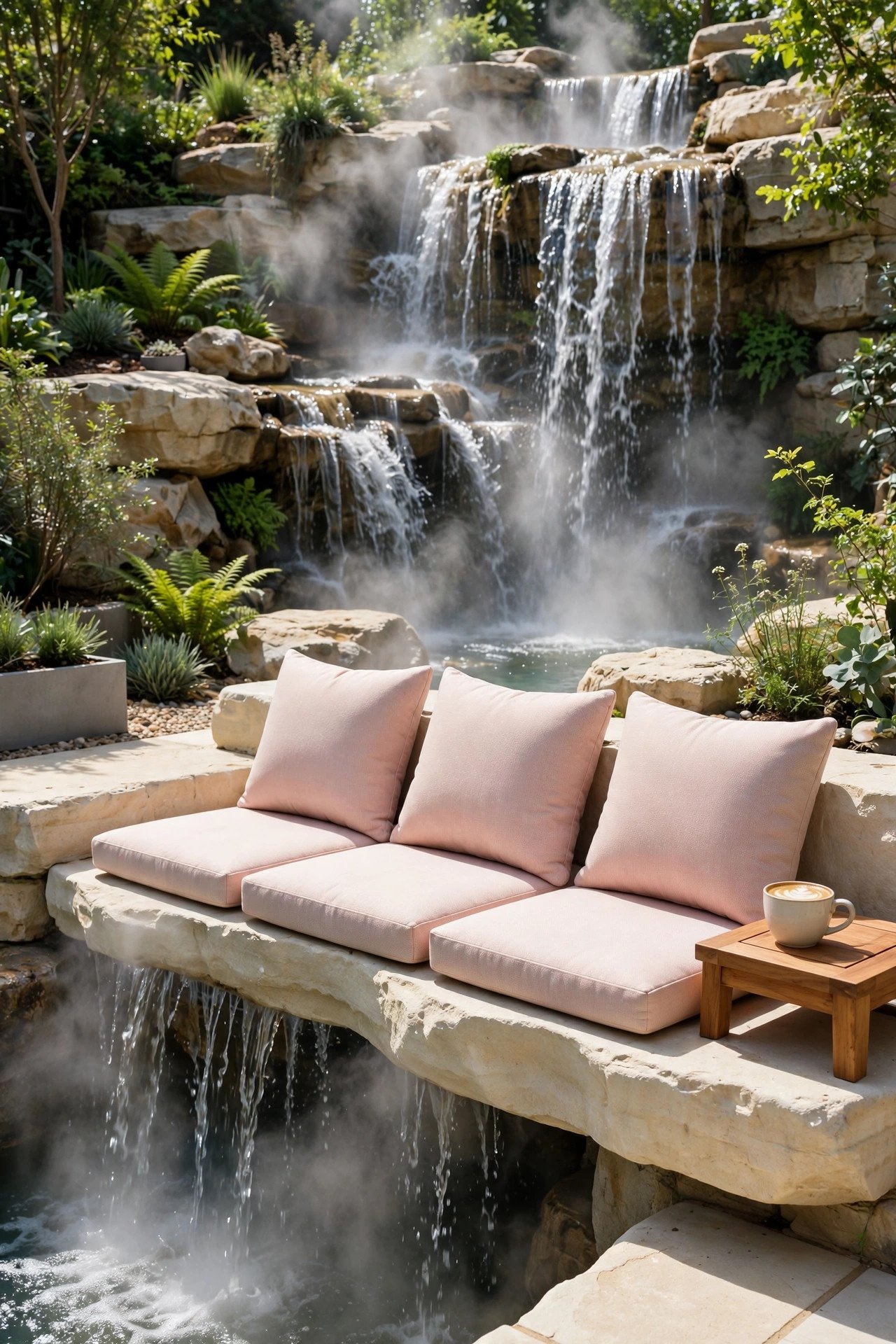 Waterfall with flat stone seating ledge beside it