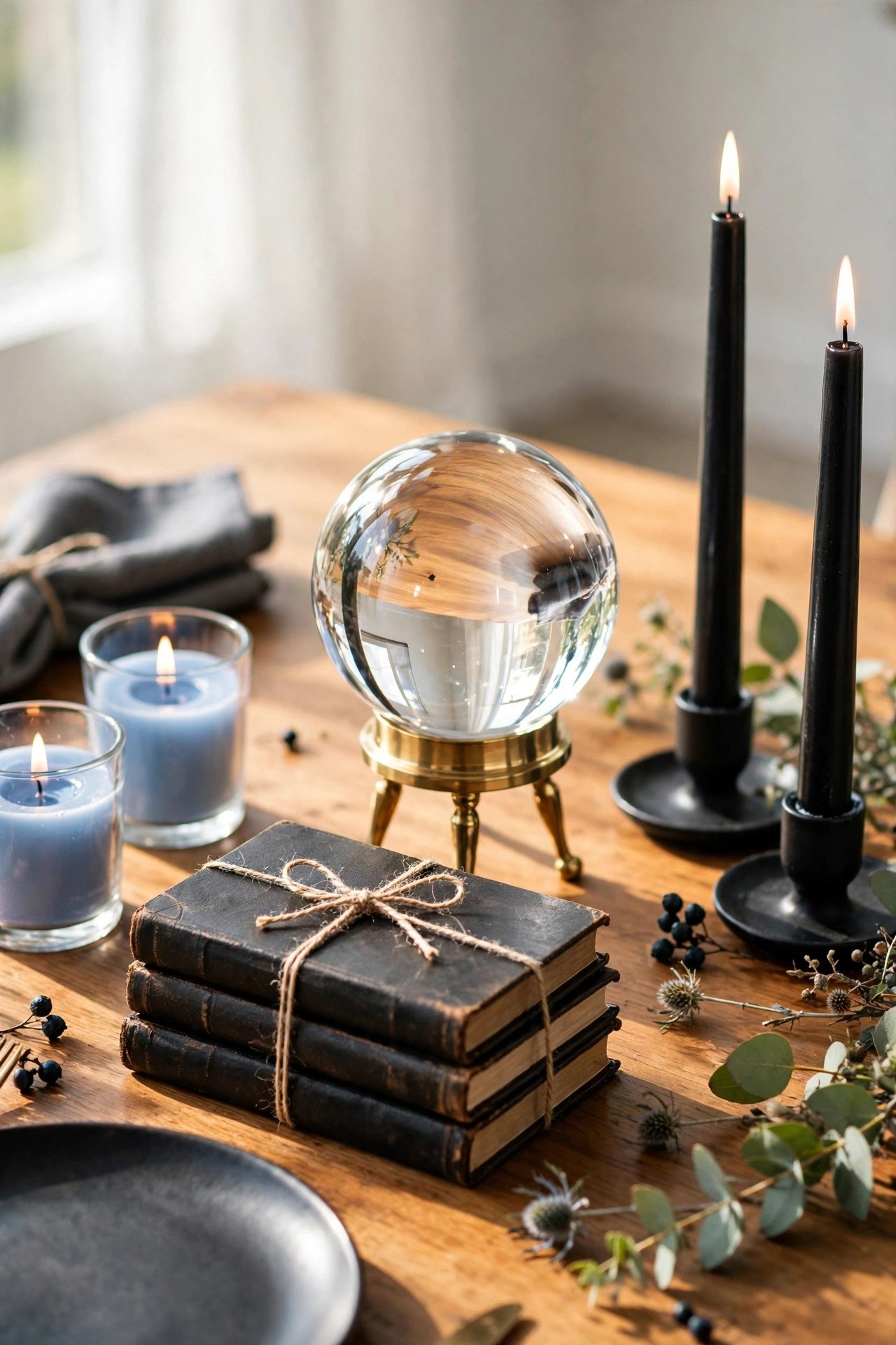 Crystal ball on a brass stand surrounded by old books on a Halloween dinner table