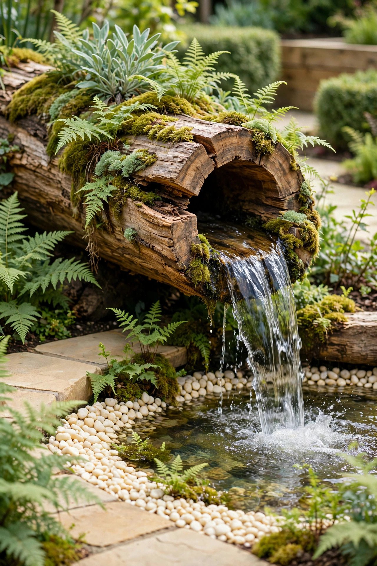 Water flowing from a hollow log into a pond