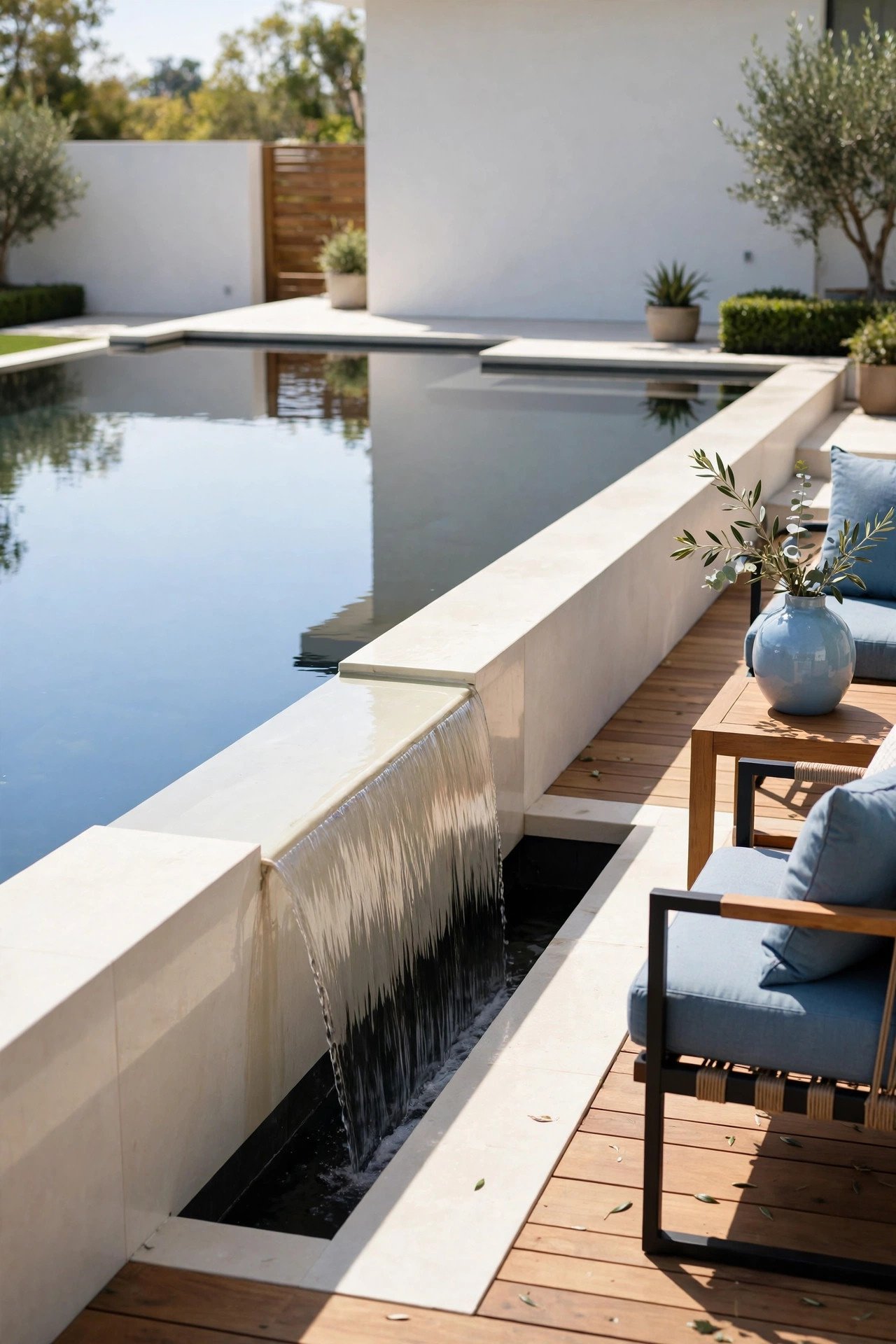 Infinity edge waterfall basin with smooth water flow