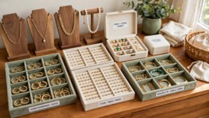 Gold jewelry organizer display with necklaces and earrings arranged on a vanity