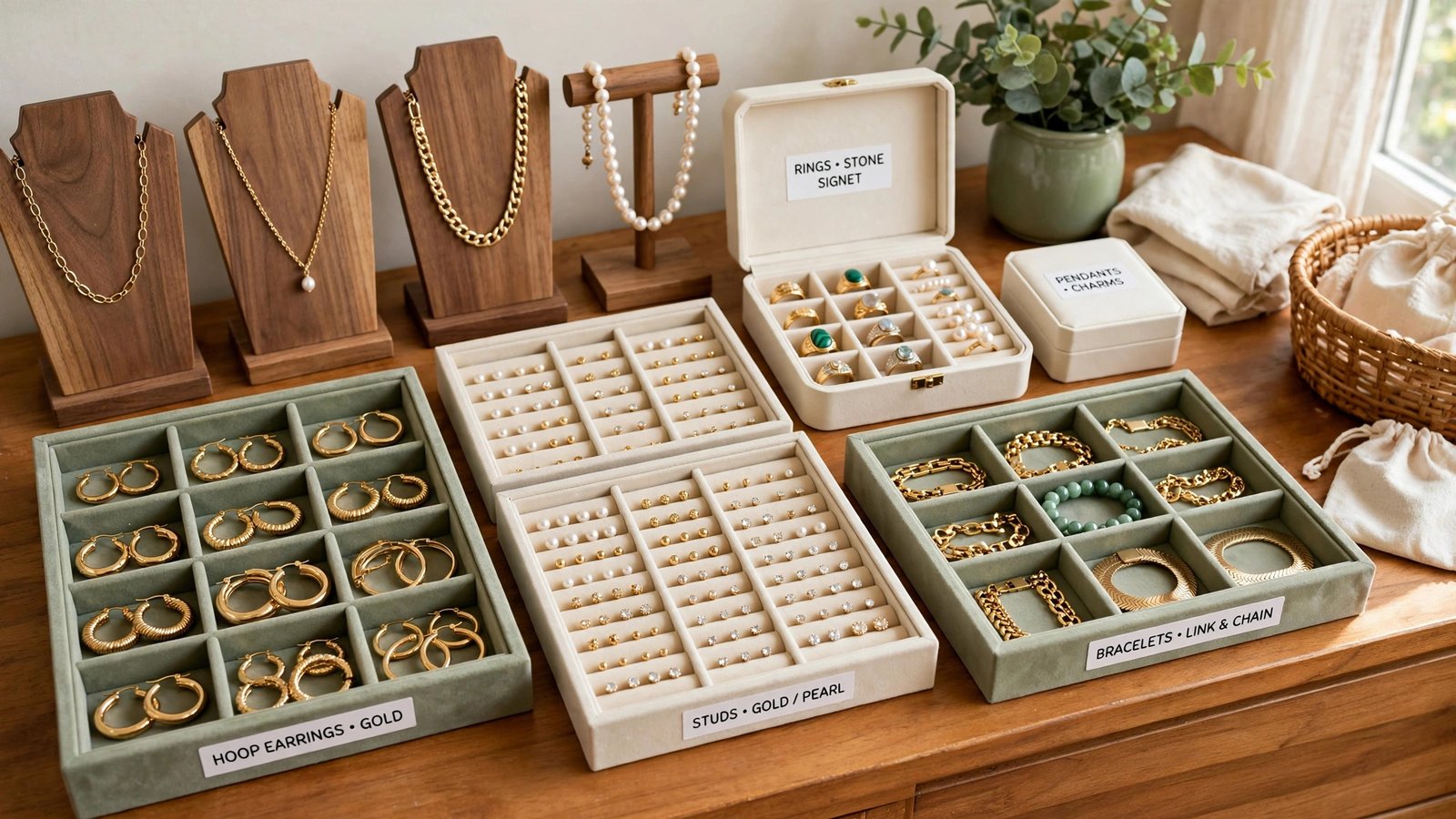 Gold jewelry organizer display with necklaces and earrings arranged on a vanity