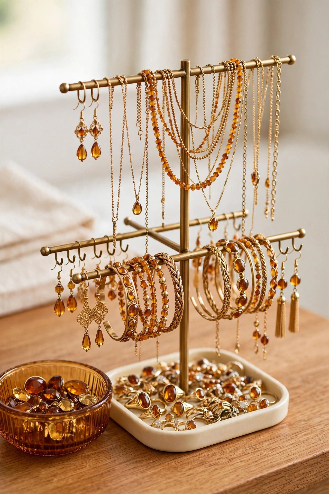 Tiered gold jewelry stand full of necklaces, bracelets, and earrings on a wooden vanity, a classic jewelry organization display