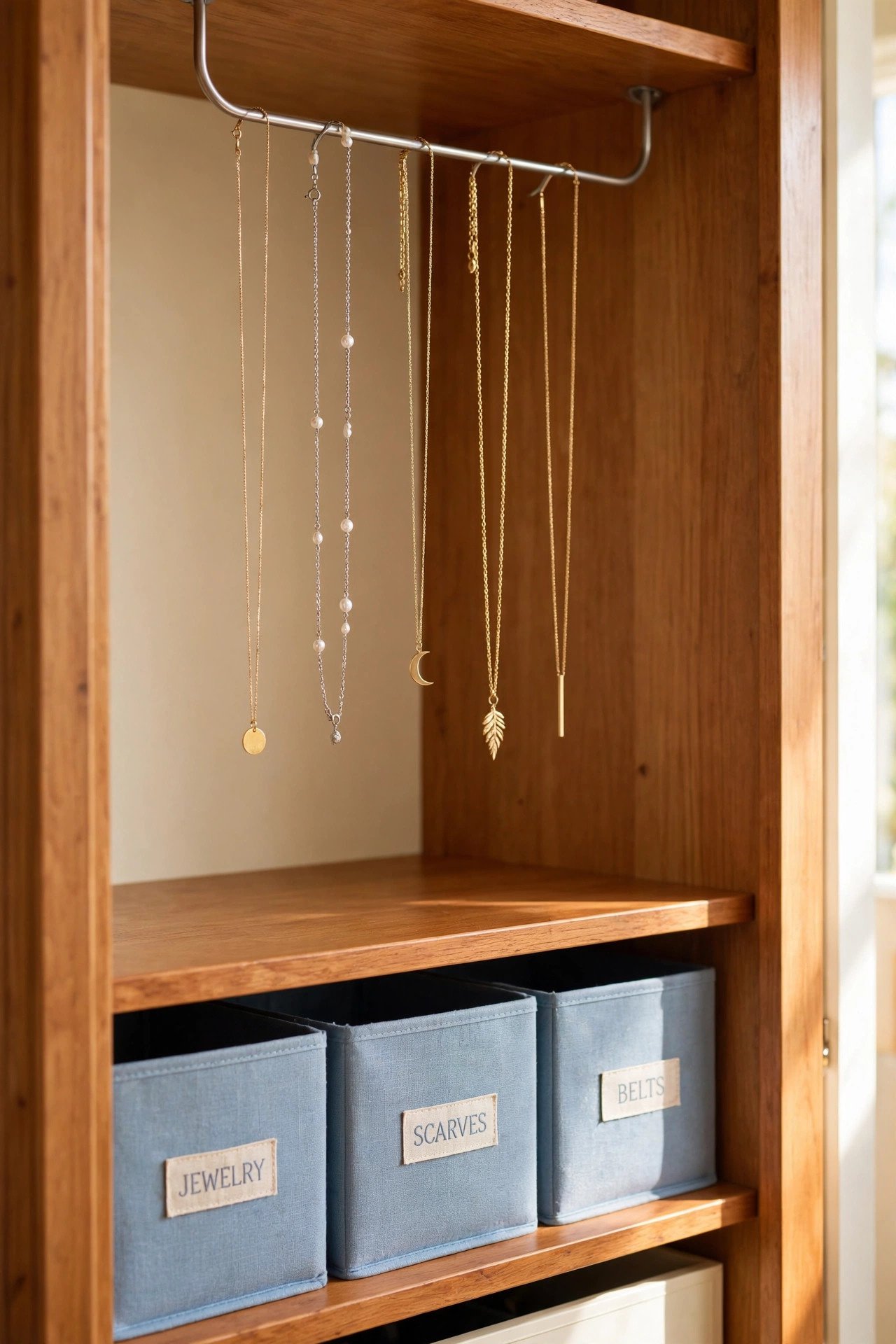 Row of necklaces hanging separately from a closet rod, a simple jewelry organization trick for tangles
